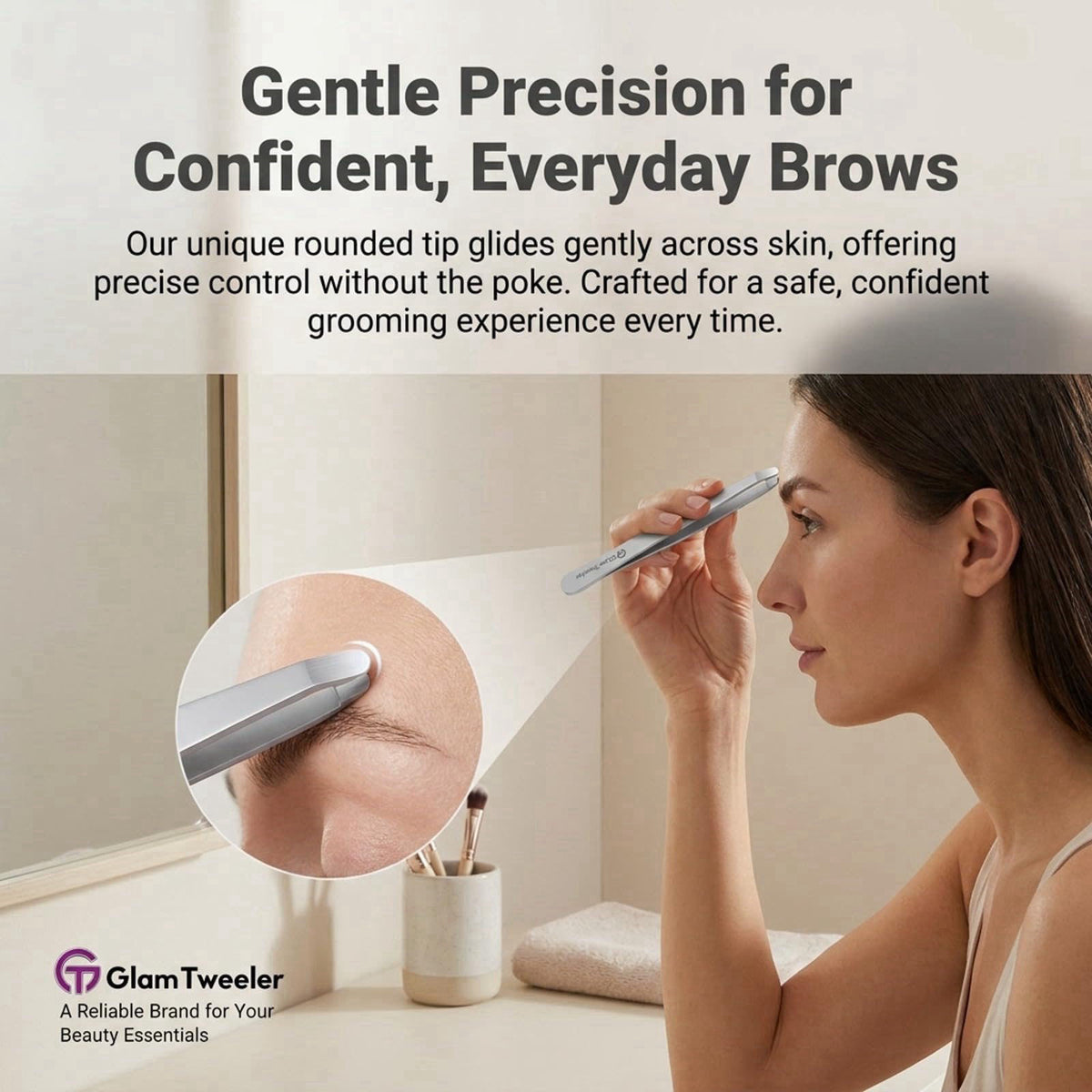 GlamTweeler Premium Hand-Made Tweezers with Safe Rounded Tip & Comfort Spring for Pain-Free Plucking, Thick Stainless St