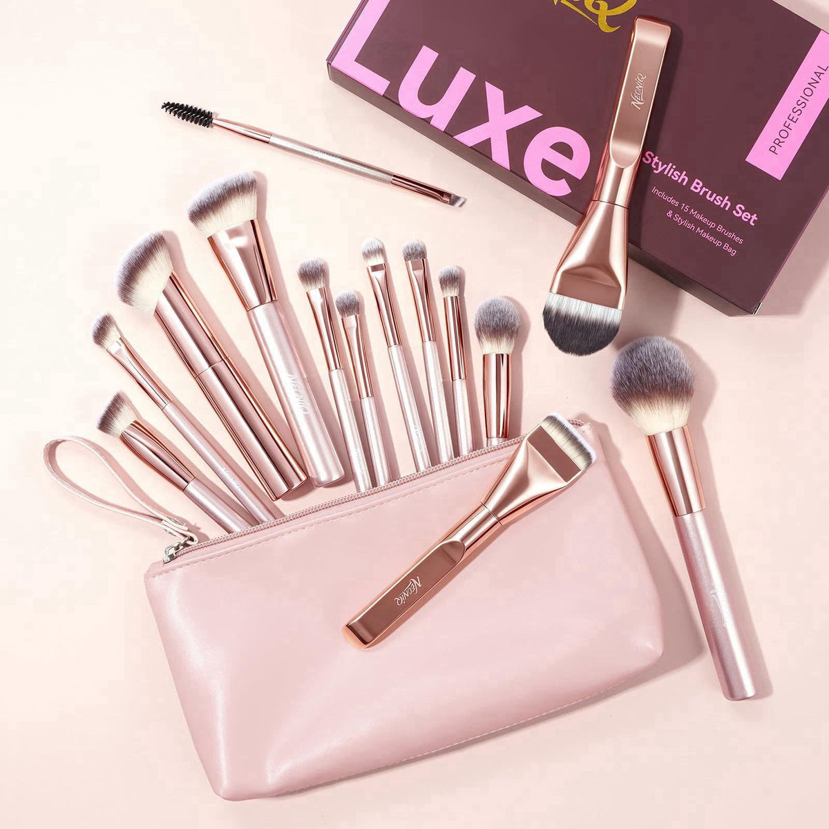 NEONIQ 14 PCS Professional Makeup Brushes Set with Travel Cosmetic Bag(Pink) – close-up detail in Pink