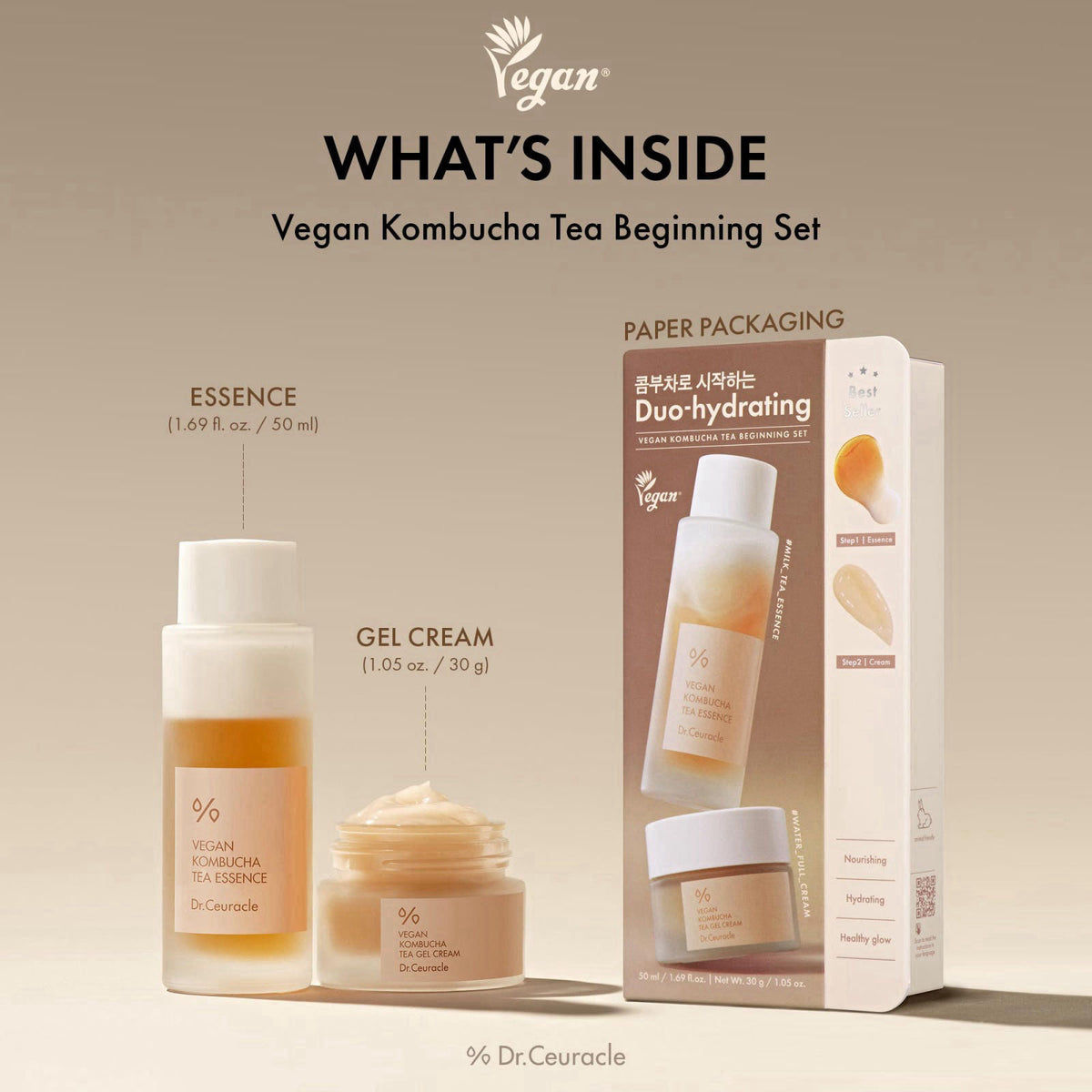 Dr.Ceuracle Vegan Kombucha Tea Beginning Set, Mini-Sized Essence Gel Cream – packaging and label