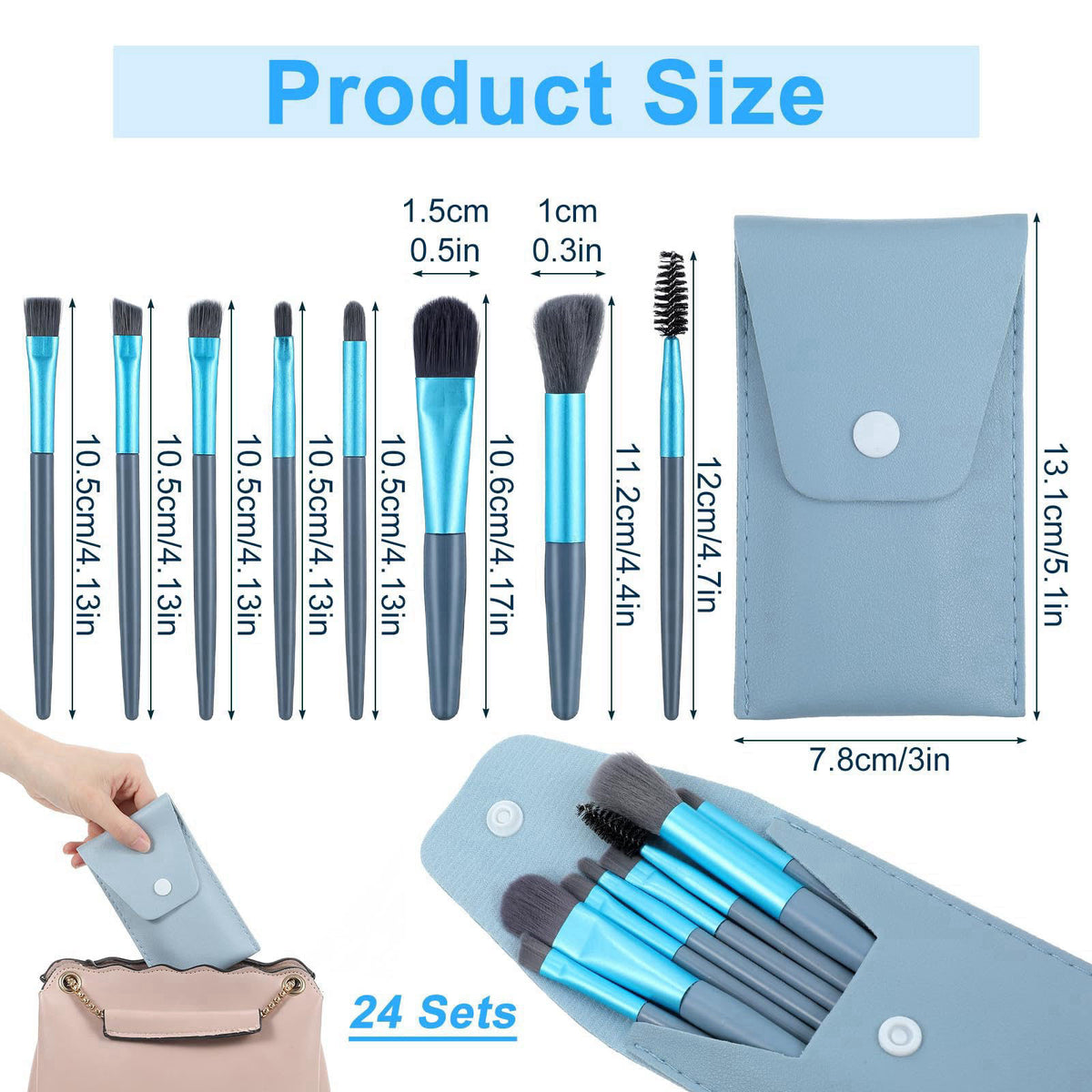 HOFURME 24 Packs Mini Makeup Brushes Travel Set - Each Set Contains 8-Piece Portable Travel Size Makeup Brushes with Blu