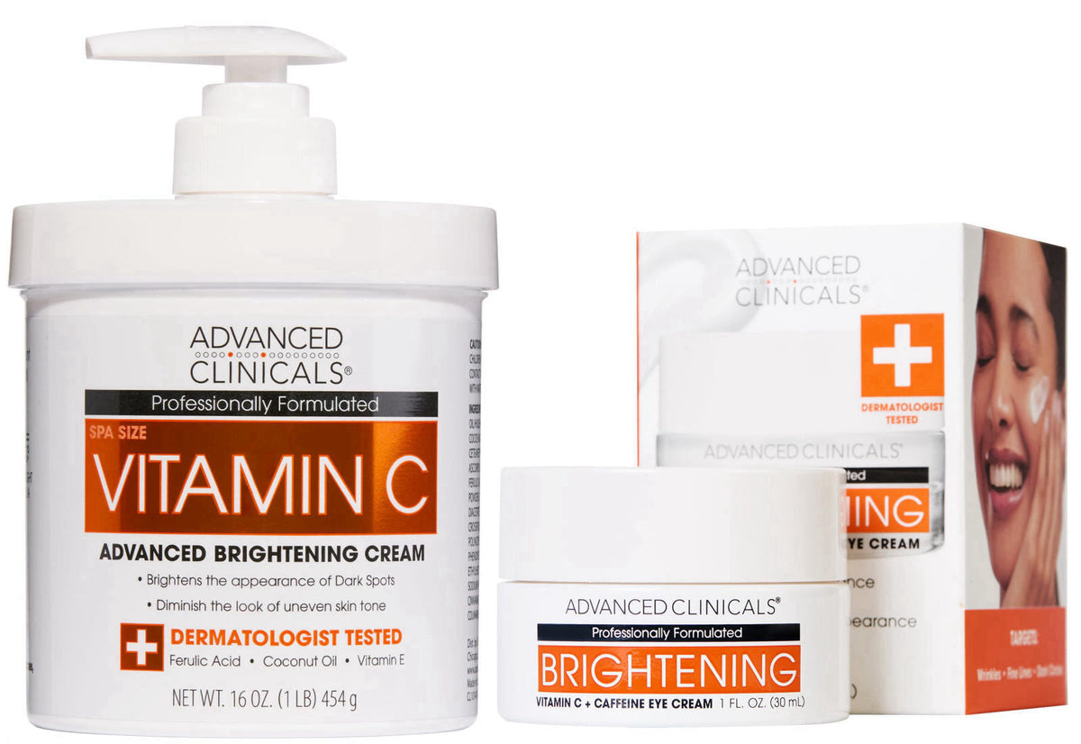 Advanced Clinicals Brightening Vitamin C Body Cream Lotion + Vitamin C & Caffeine Eye Cream Face Moisturizer Skin Care S