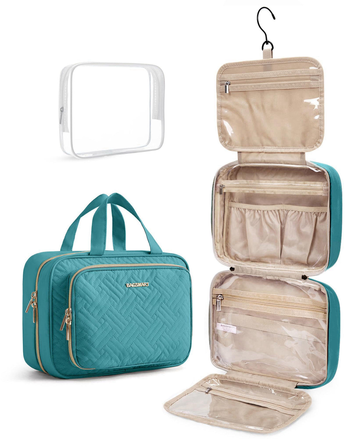 BAGSMART Toiletry Bag Hanging Travel Makeup Organizer with TSA Approved Transparent Cosmetic Bag Makeup Bag for Full Siz