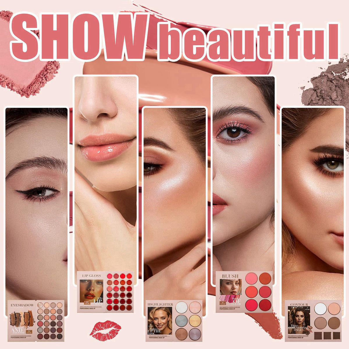 BrilliantDay 5-Layer Book-Style Foldable Makeup Gift Set, 24 Eyeshadow, 24 Lip Gloss, 6 Blusher, 6 Highlighters, 7 Conto