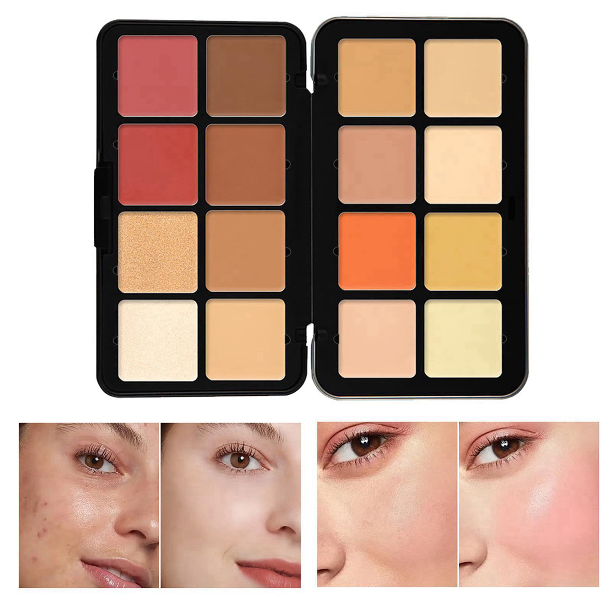 RoseFlower 12 Colors Makeup Palette, Foundation Contour Palette, Bronzing Eyeshadow, Make-up Blending Palettes with 10 M