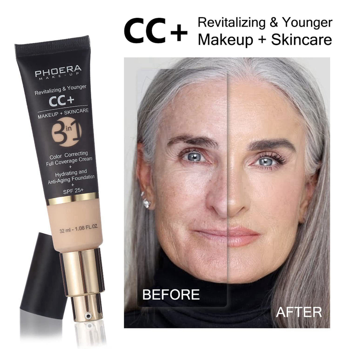 Hilareco PHOERA CC Cream Foundation With SPF,PHOERA Full Coverage Foundation Color Correcting Cream,3 Pcs Cream Contour 
