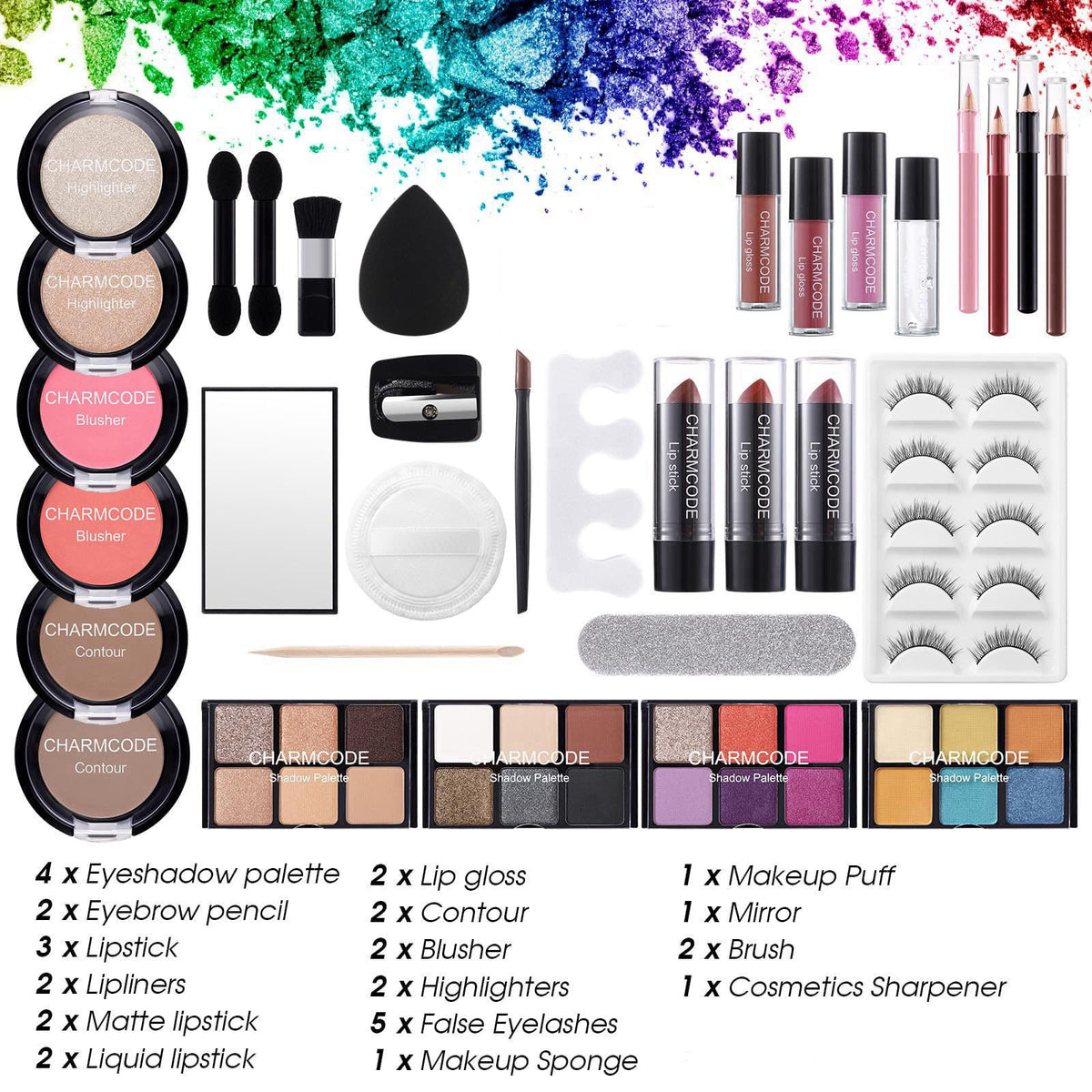 CHARMCODE Makeup full Kit Women Teen Girls Starters，Eyeshadow Palette，Lipsticks，Lipgloss，Blushes，Contour，Highlighters，Ma