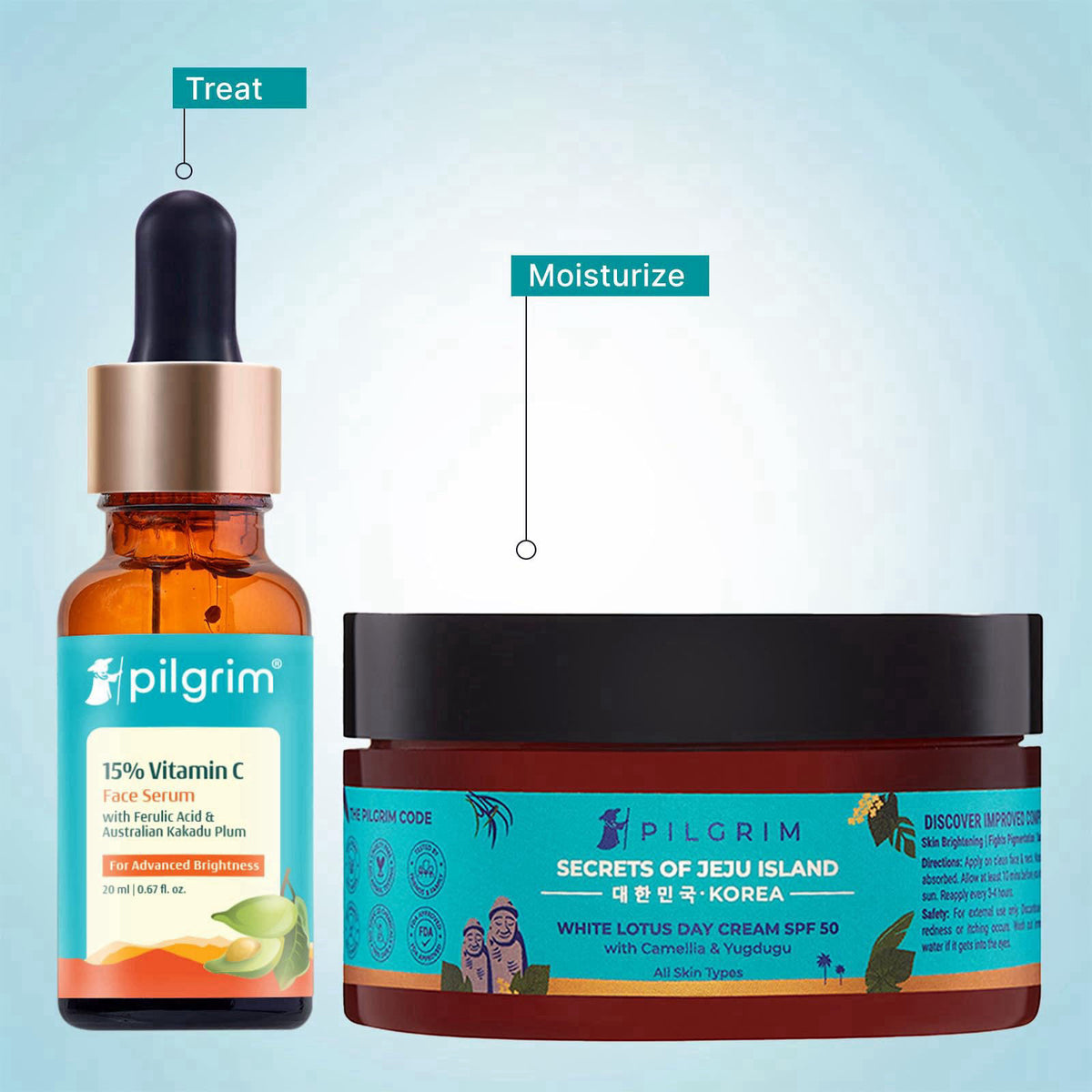 Pilgrim Glowing Skincare Combo: Korean White Lotus Day Cream SPF 50 (PA+++) & 15% Vitamin C Serum (20ml) | With Ferulic 