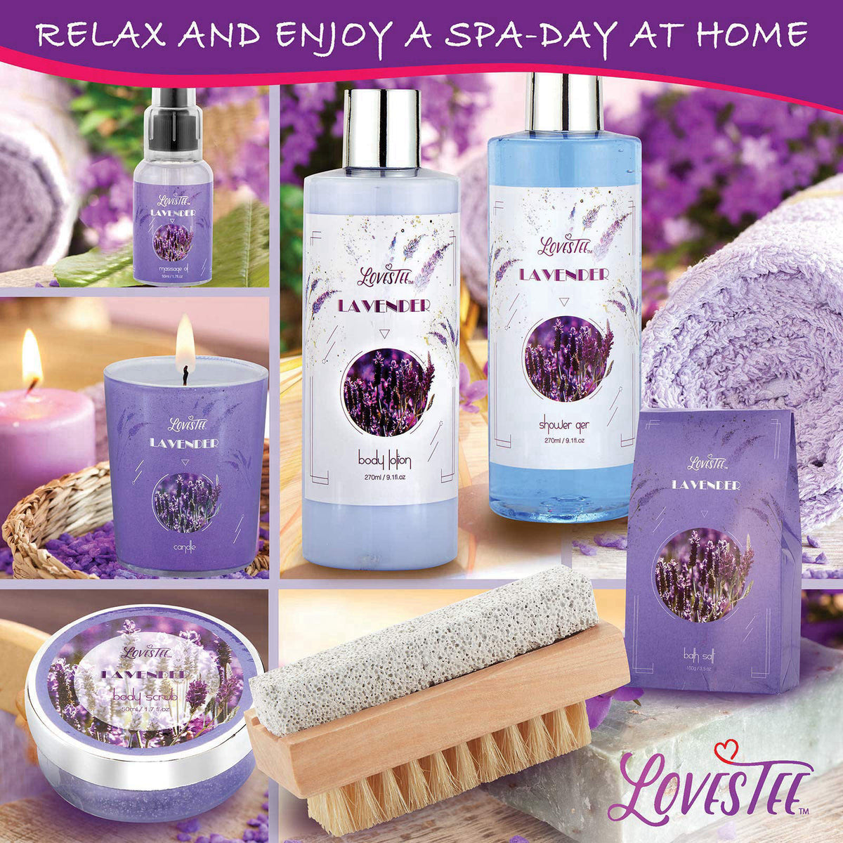 LOVESTEE Christmas Gifts, Relaxing Lavender Spa Gift Baskets for Wome Birthday, Bath and Body Set-Kit Includes Candle, E