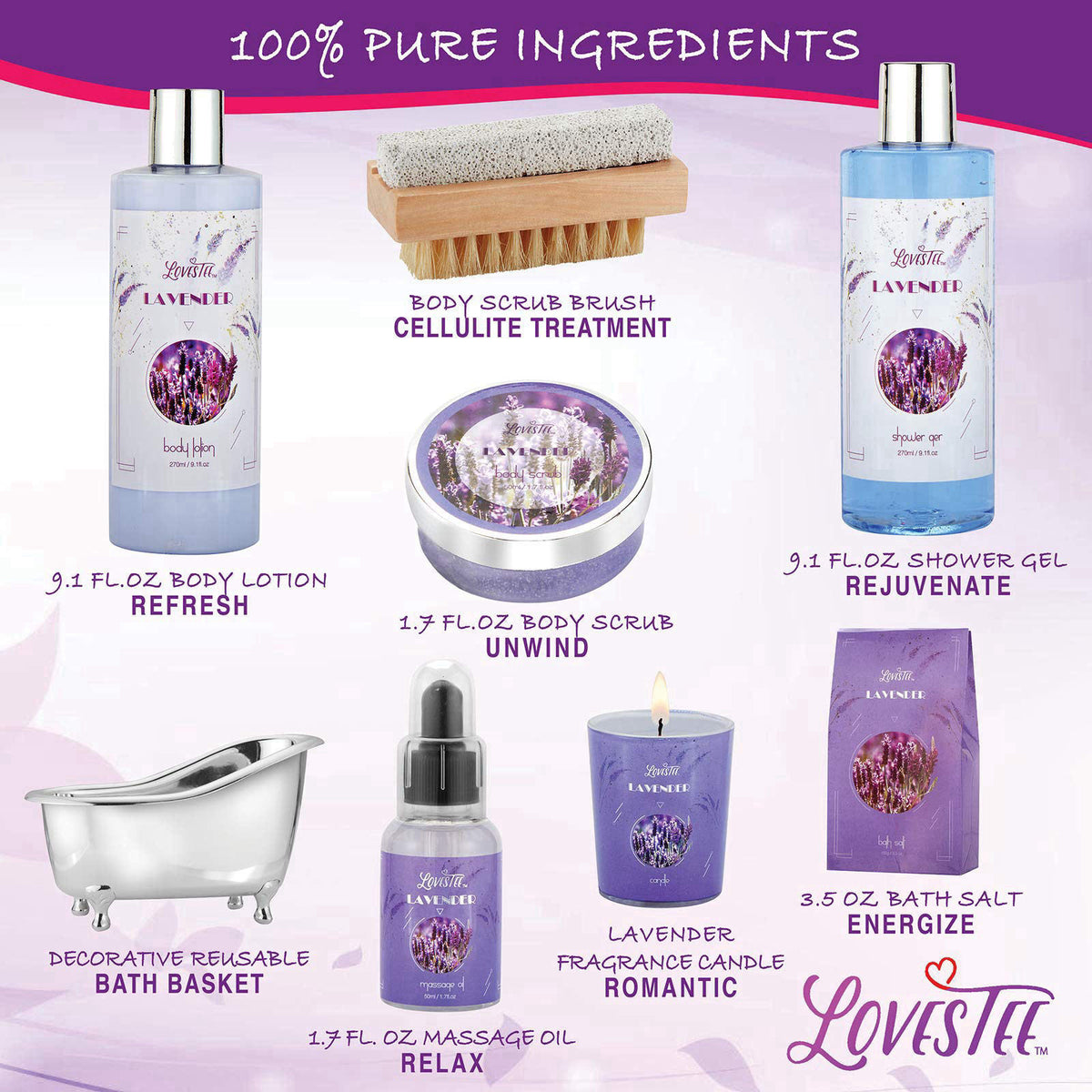 LOVESTEE Christmas Gifts, Relaxing Lavender Spa Gift Baskets for Wome Birthday, Bath and Body Set-Kit Includes Candle, E