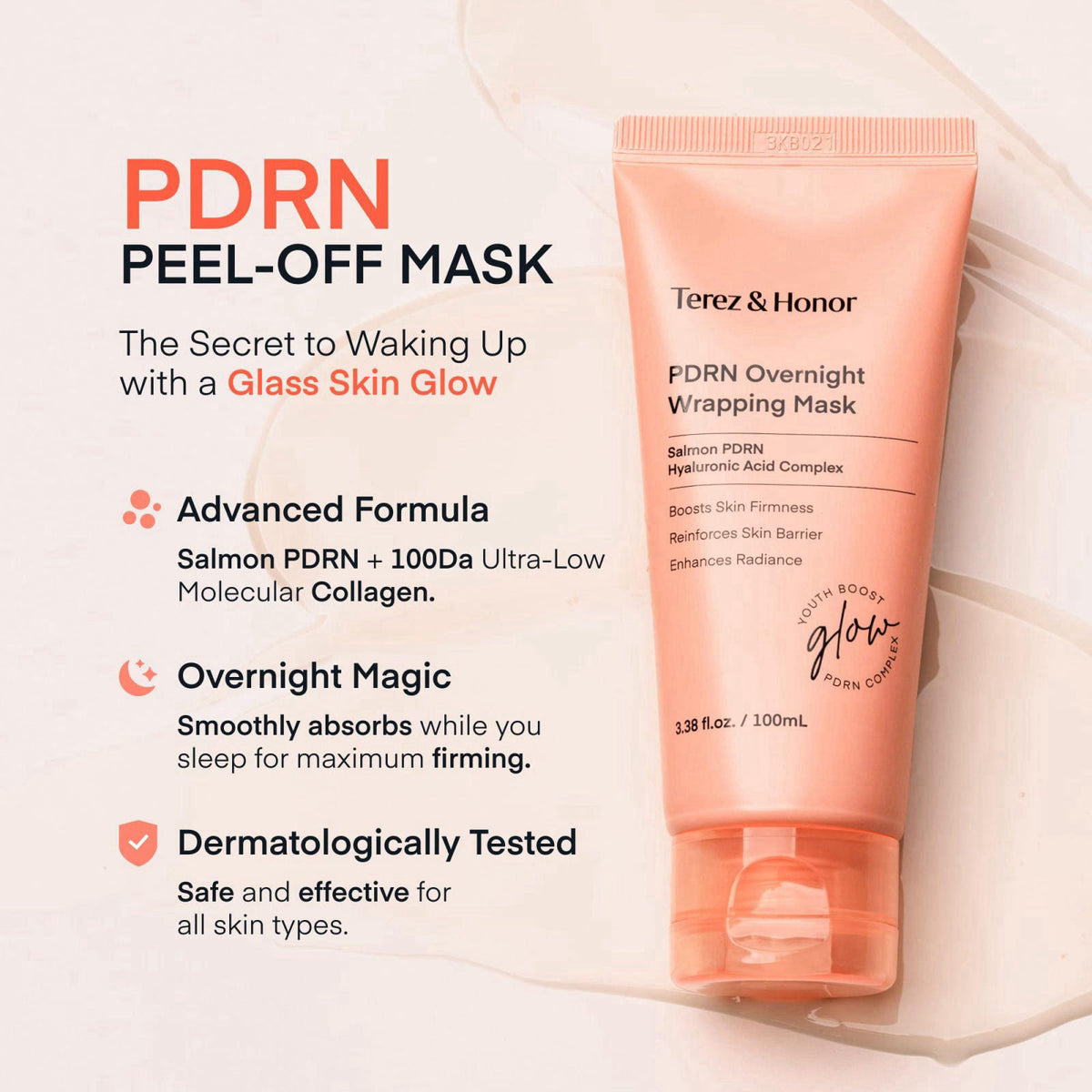TEREZ & HONOR Under Eye Patches & PDRN Night Wrapping Peel Off Facial Mask Duo Kit – back view and specifications