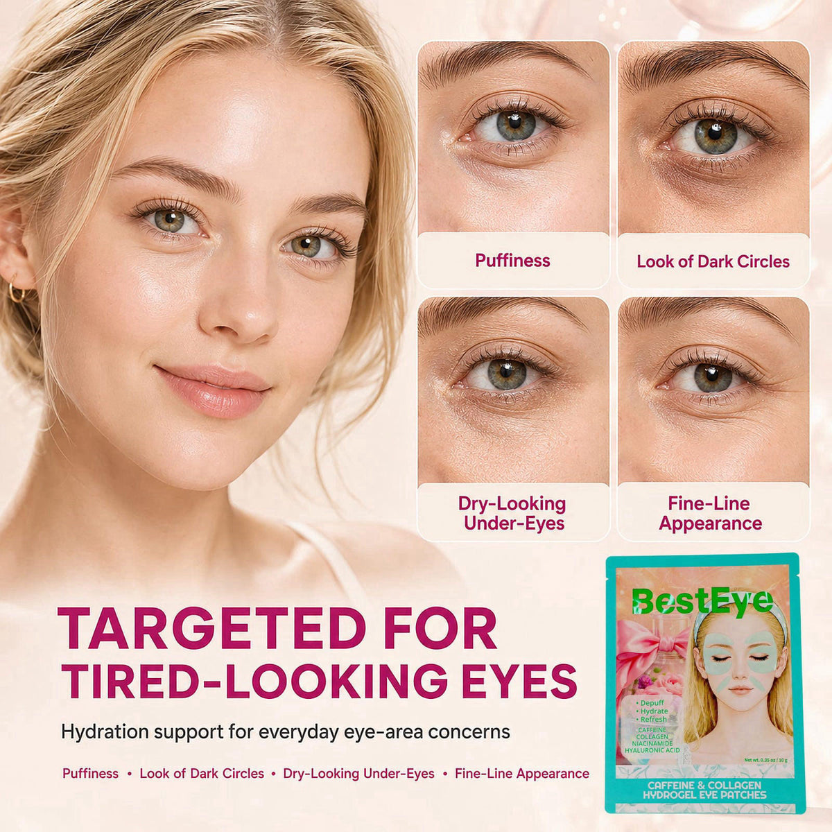 Besteye Collagen Under Eye Patches for Puffy Eyes and Dark Circles,Eye Mask – full view, size 1 Count (Pack of 5)
