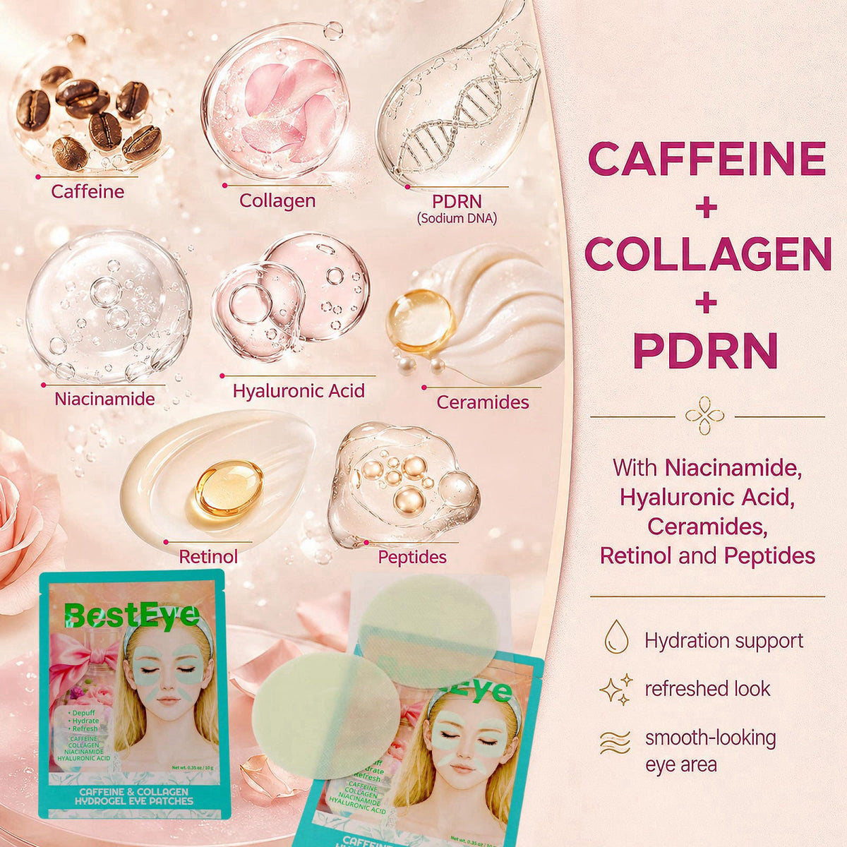 Besteye Collagen Under Eye Patches for Puffy Eyes and Dark Circles,Eye Mask – back view and specifications