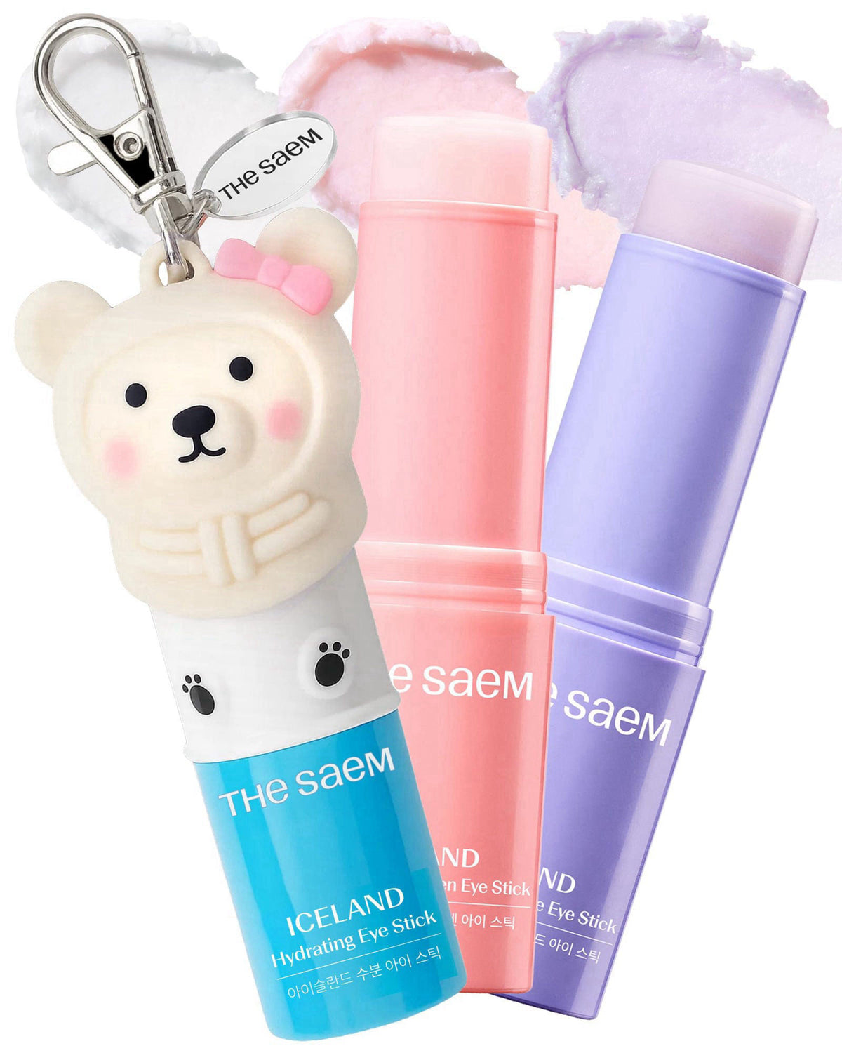 THESAEM Iceland Hydrating Eye Stick 3-Pack Set with Cute Bear Keyring - Cooling Trio Treatment for Dark Circles, Wrinkle