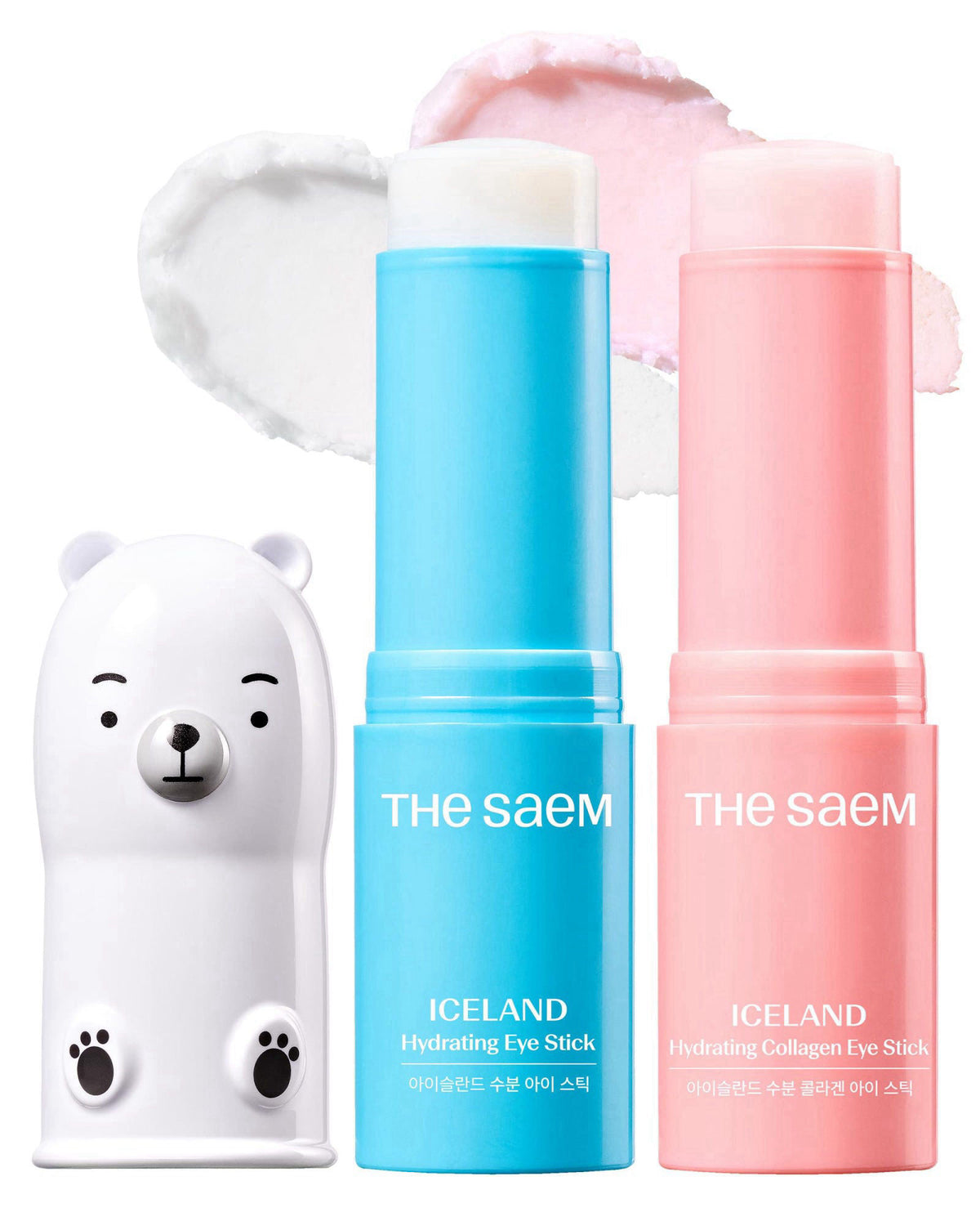 THESAEM Iceland Hydrating Eye Stick 3-Pack Set with Cute Bear Keyring - Cooling Trio Treatment for Dark Circles, Wrinkle