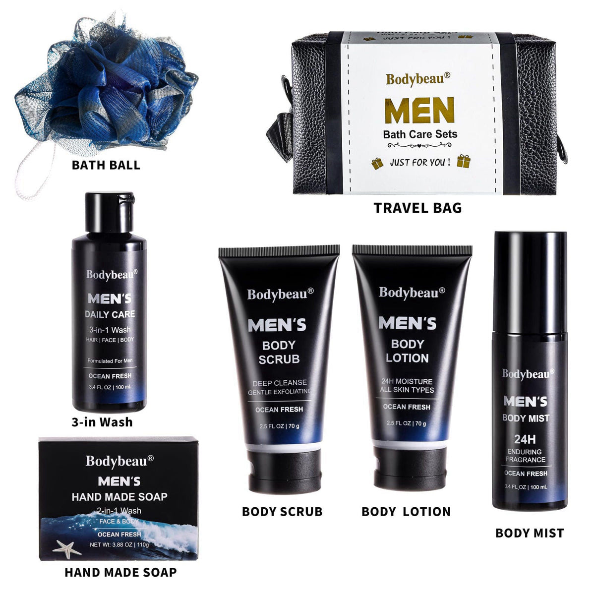 Beautifier Life Men's Bath and Body Spa Set, 7-Piece Kit with 3-in-1 Shower Wash, Body Scrub, Body Mist, 2-in-1 Handmade