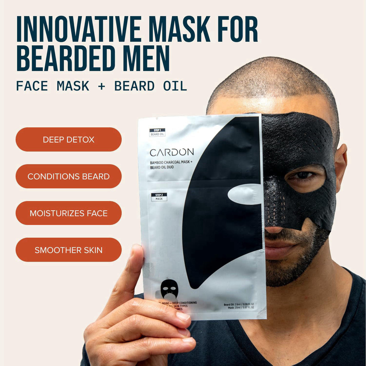 Cardon Charcoal Face Mask for Men w/Beard Oil - Hydrating Face Mask - 4ct – close-up detail