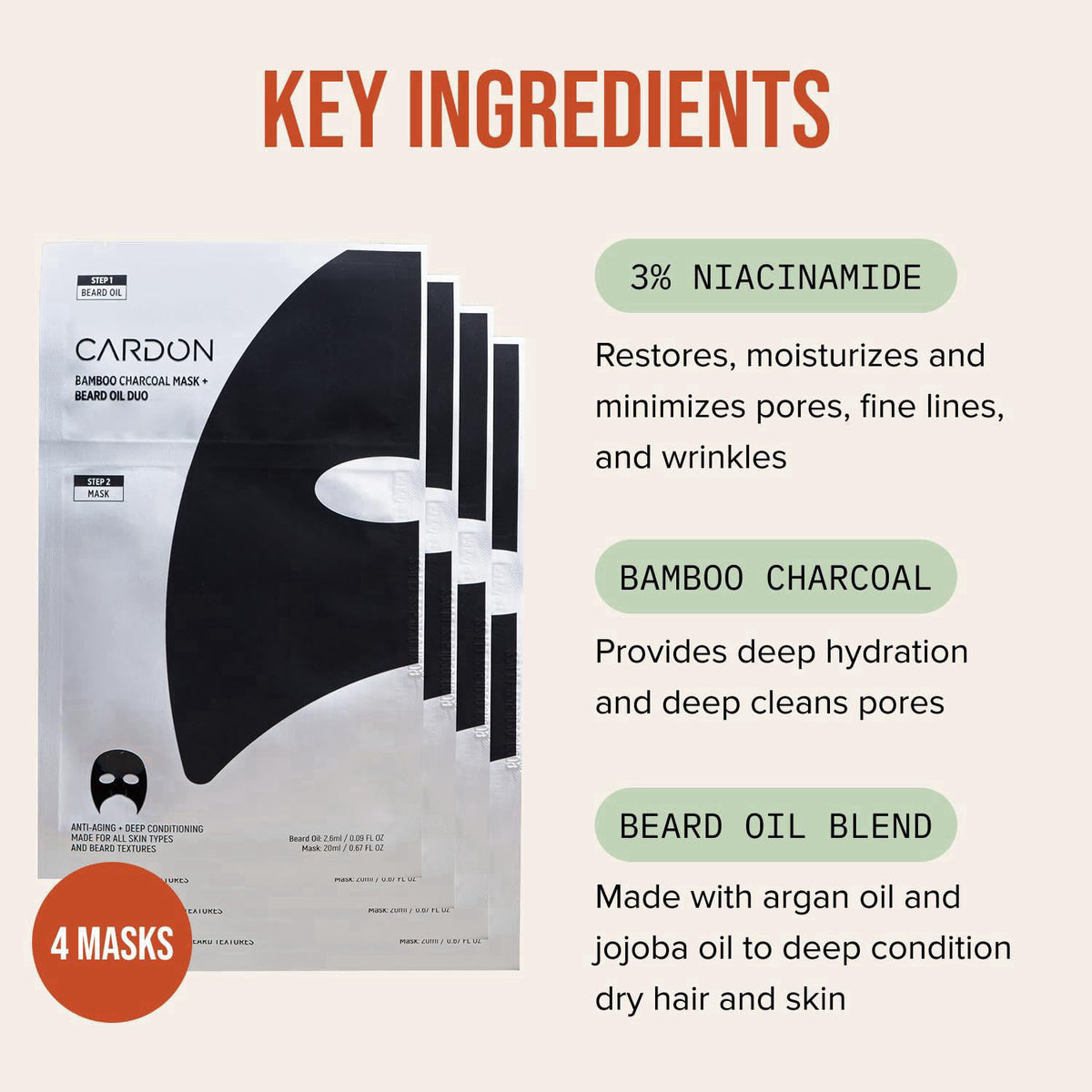 Cardon Charcoal Face Mask for Men w/Beard Oil - Hydrating Face Mask - 4ct – full view, size 4 Count (Pack of 1)