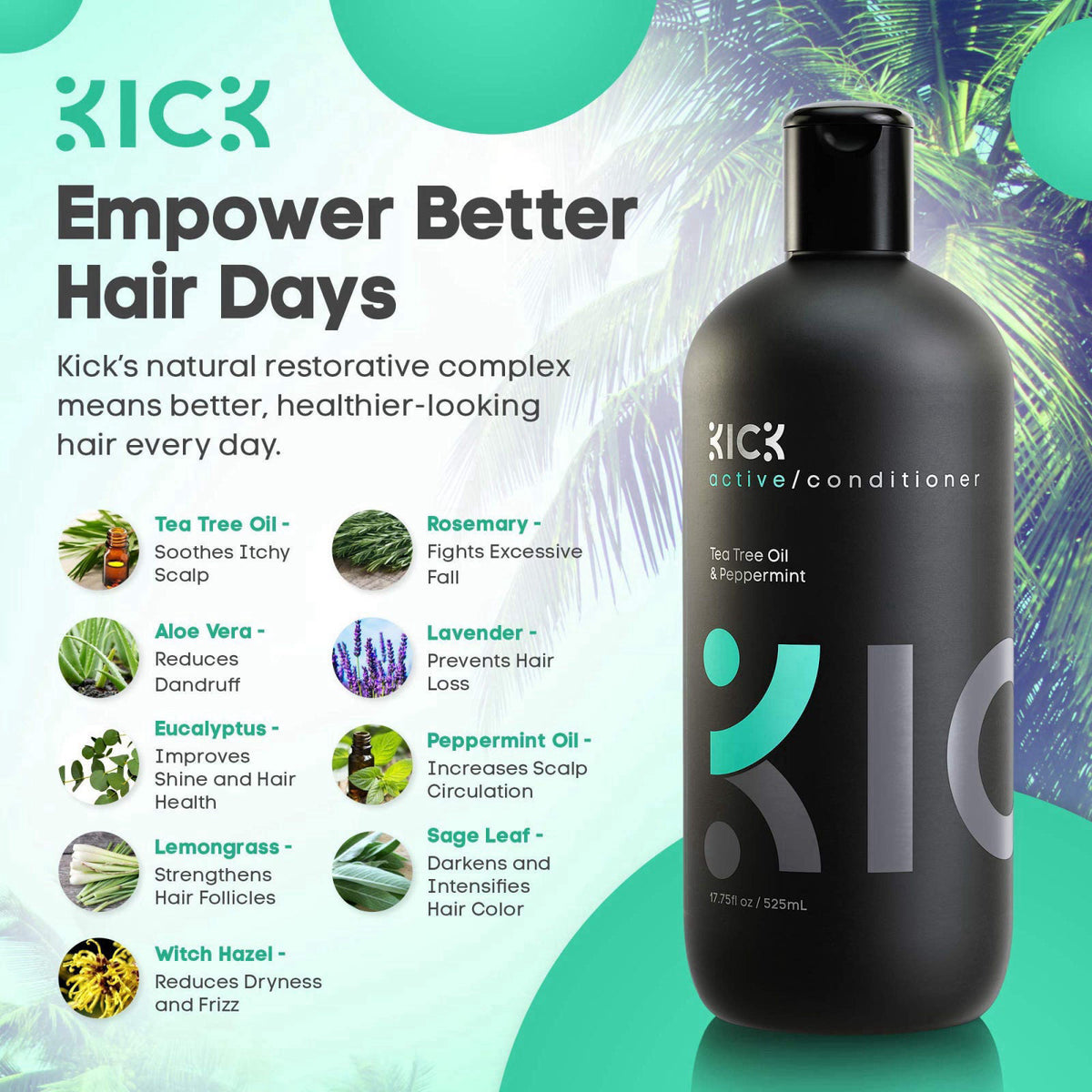 Kick Mens Conditioner, Tea Tree and Peppermint – packaging and label