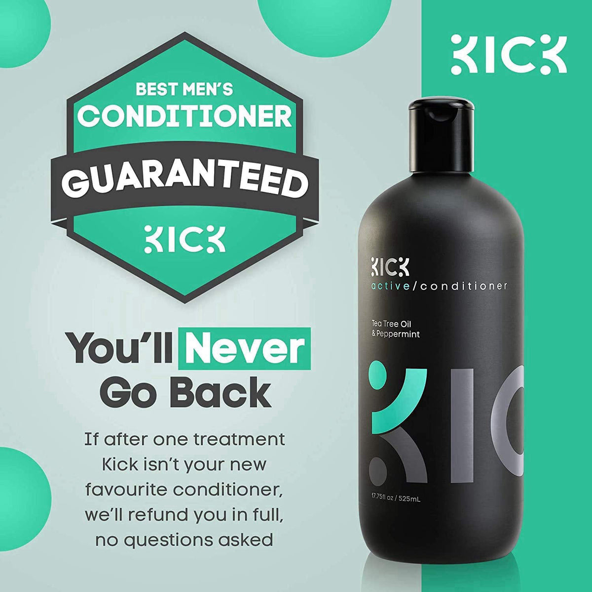 Kick Mens Conditioner, Tea Tree and Peppermint – back view and specifications