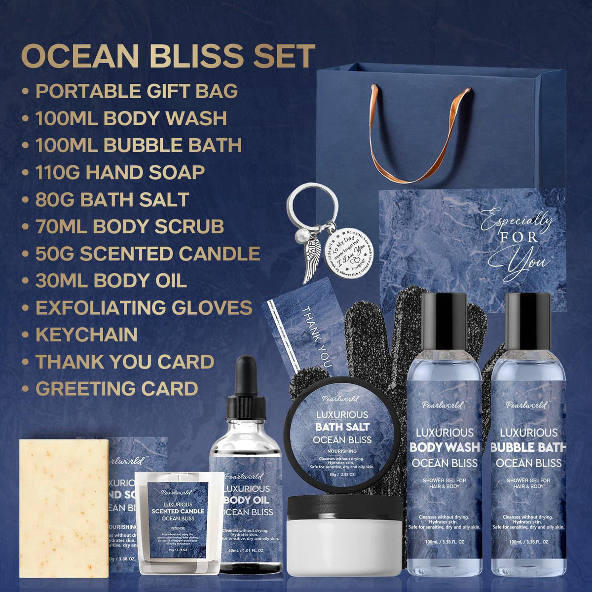 PEARLWORLD Birthday Gifts Baskets for Men Bath Spa Set, Ocean-Scented, 12Pcs – close-up detail