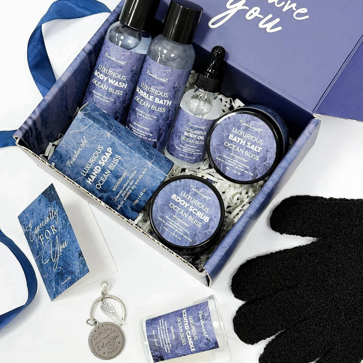PEARLWORLD Birthday Gifts Baskets for Men Bath Spa Set, Ocean-Scented, 12Pcs – packaging and label