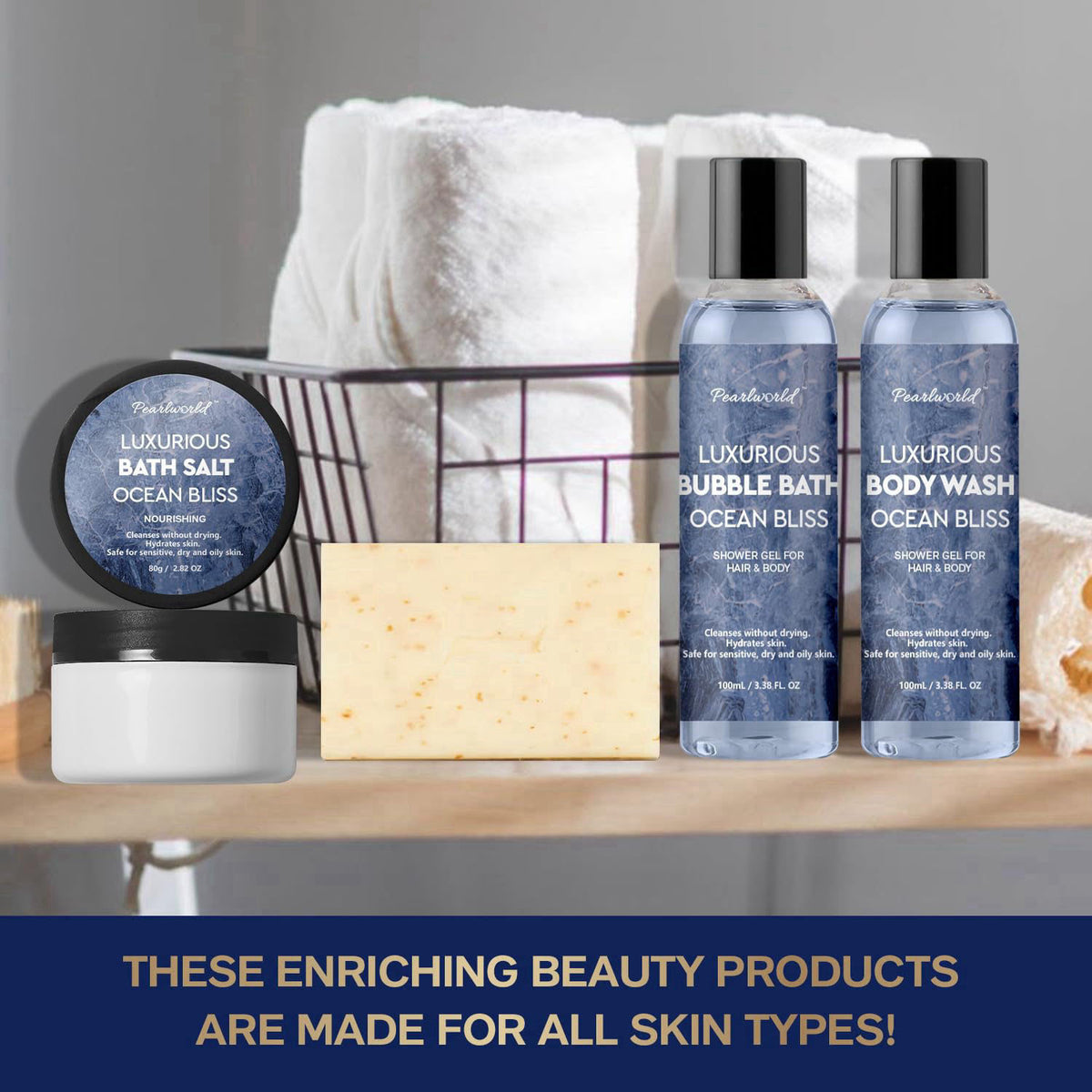 PEARLWORLD Birthday Gifts Baskets for Men Bath Spa Set, Ocean-Scented, 12Pcs – back view and specifications