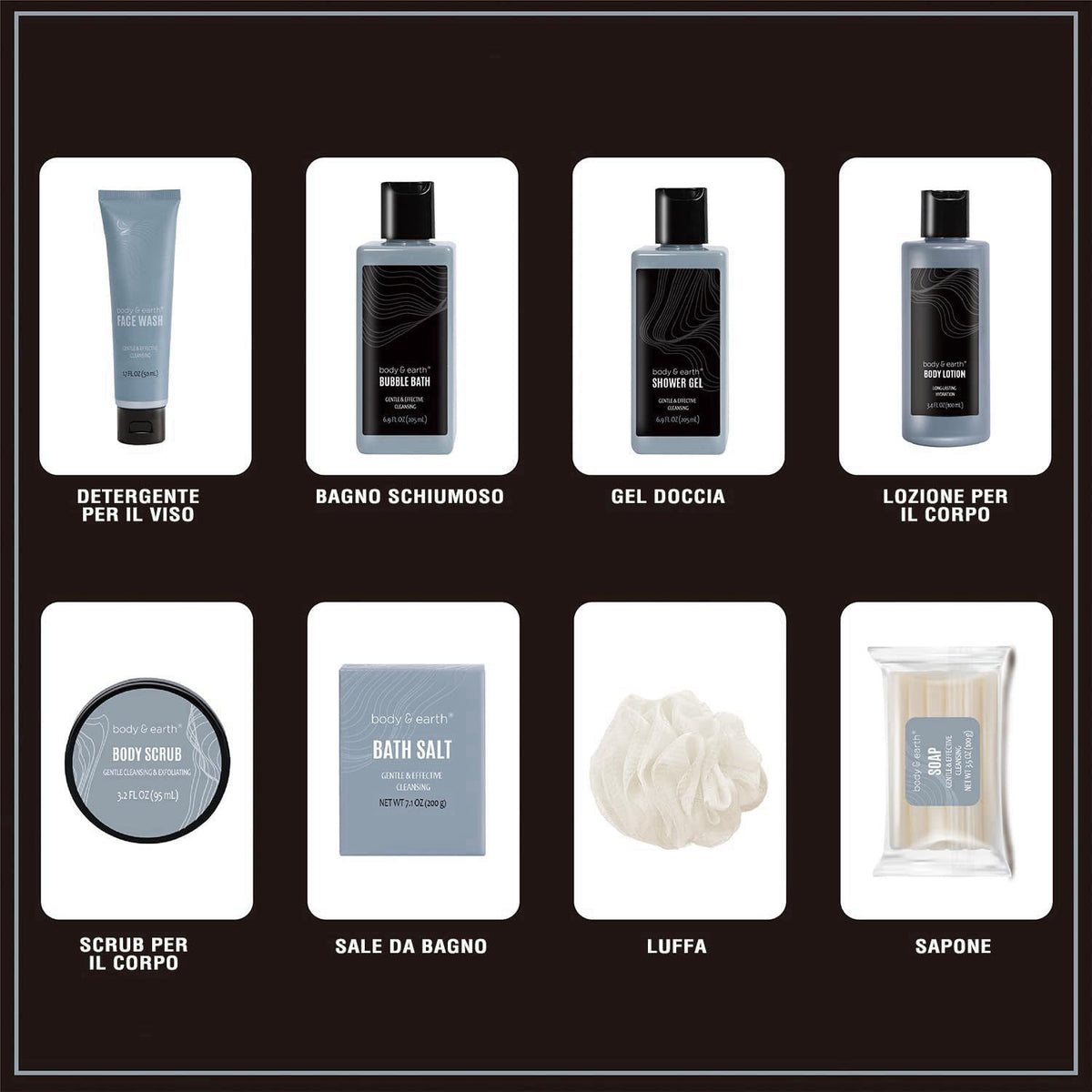 Body & Earth 8pc Leather Gifts for Men Spa Gifts Bath Sets for Man – packaging and label