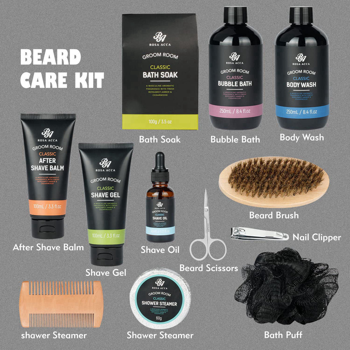 RA ROSA ACCA 14 Pcs Bath & Body Gift Set for Men, Father's Day Gifts, Beard Grooming, Home Spa & Self Care Gift Basket, 
