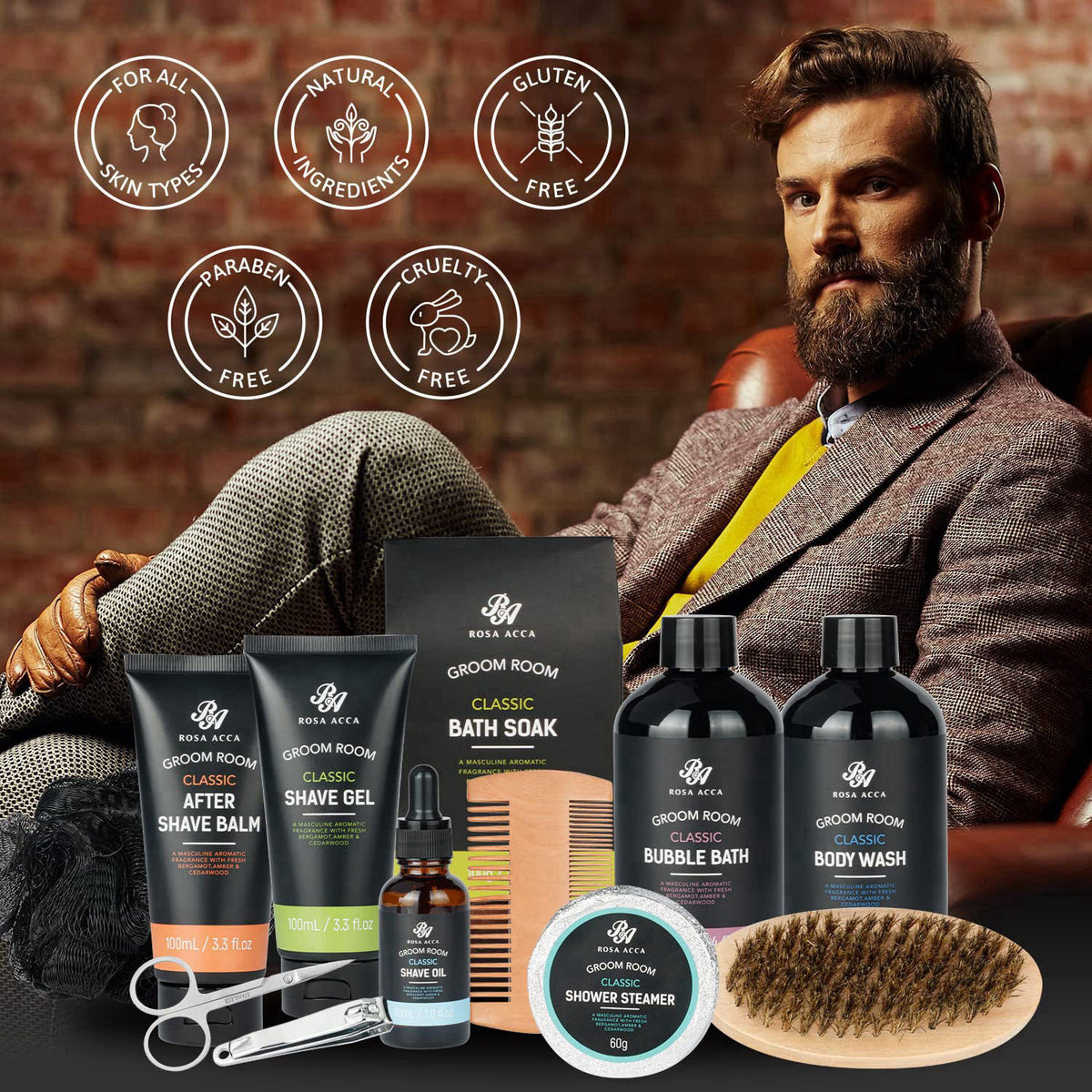 RA ROSA ACCA 14 Pcs Bath & Body Gift Set for Men, Father's Day Gifts, Beard Grooming, Home Spa & Self Care Gift Basket, 