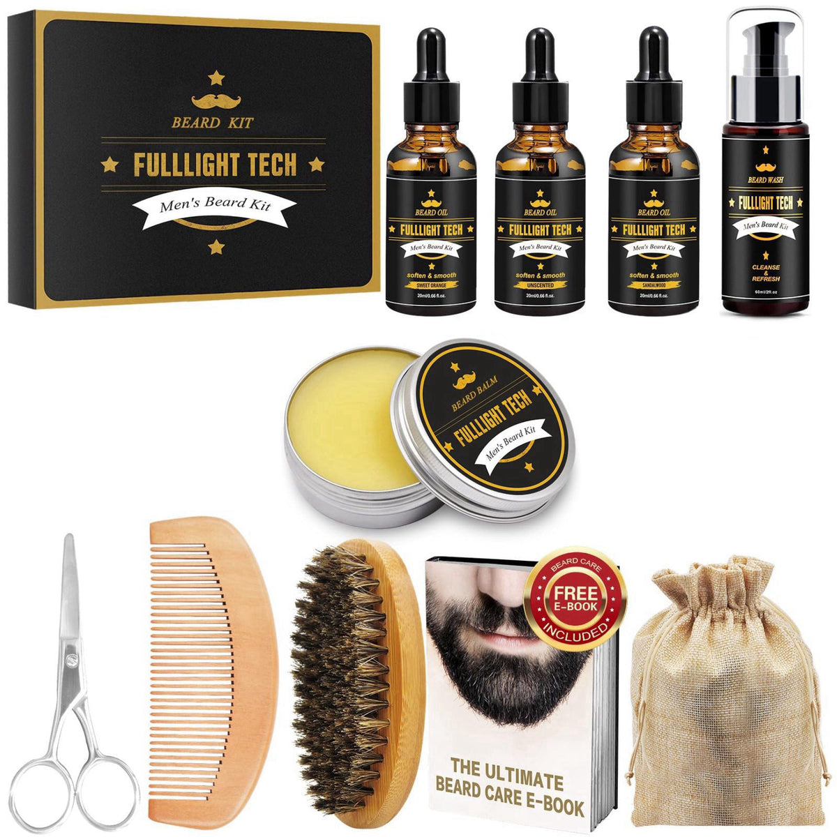 FULLLIGHT TECH Skin Care Gift Set for Men, Beard Care Kit – back view and specifications