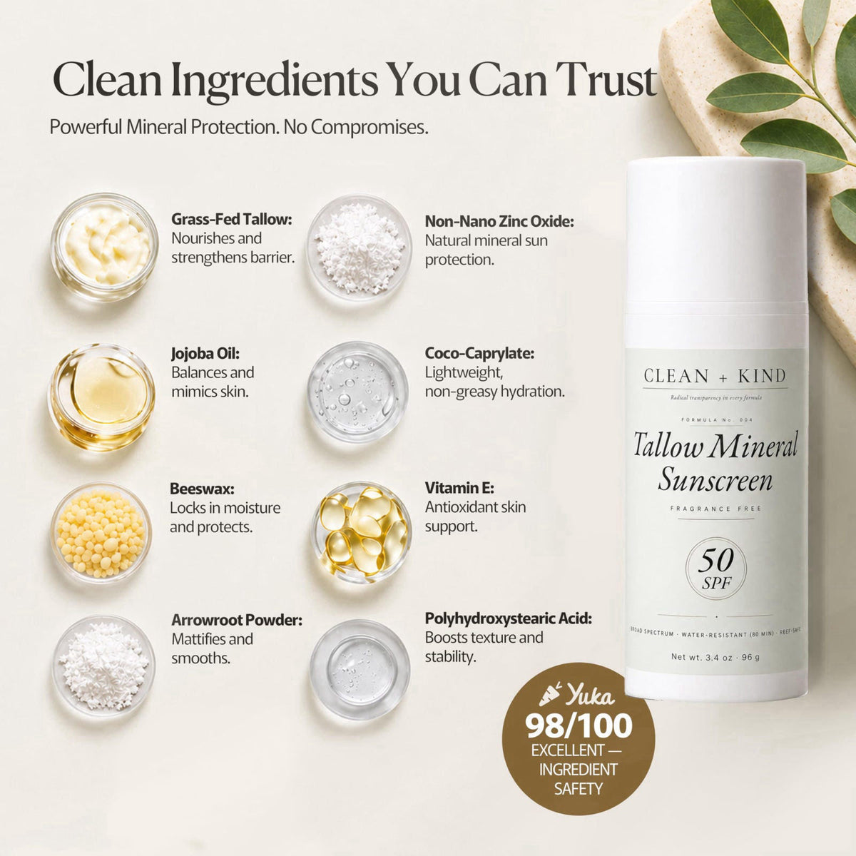 Clean + Kind Organic Beef Tallow Sunscreen SPF 50 Zinc Oxide Unscented – packaging and label
