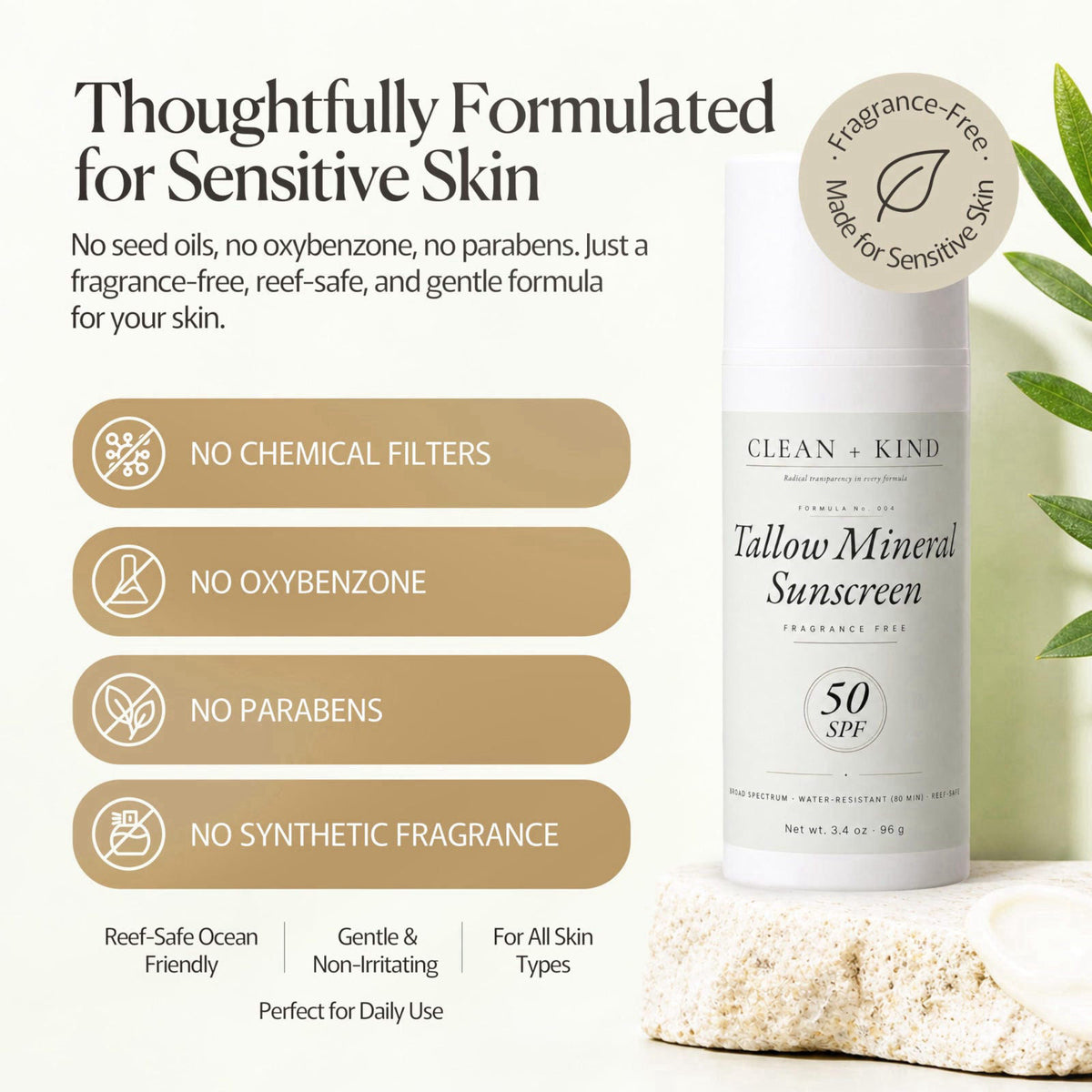 Clean + Kind Organic Beef Tallow Sunscreen SPF 50 Zinc Oxide Unscented – full view