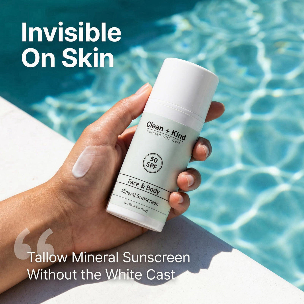 Clean + Kind Organic Beef Tallow Sunscreen SPF 50 Zinc Oxide Vanilla Travel – back view and specifications