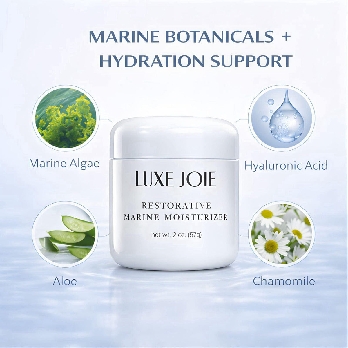 LuxeJoie Restorative Marine Moisturizer 2 oz Hydrating Face Cream for Dry & Sensitive Skin – Lightweight Moisturizer aqu