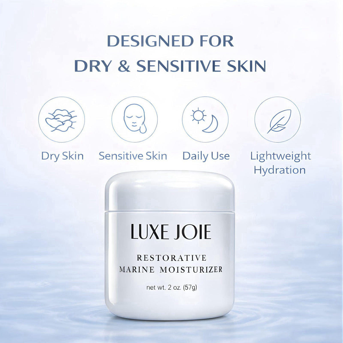 LuxeJoie Restorative Marine Moisturizer 2 oz Hydrating Face Cream for Dry & Sensitive Skin – Lightweight Moisturizer aqu