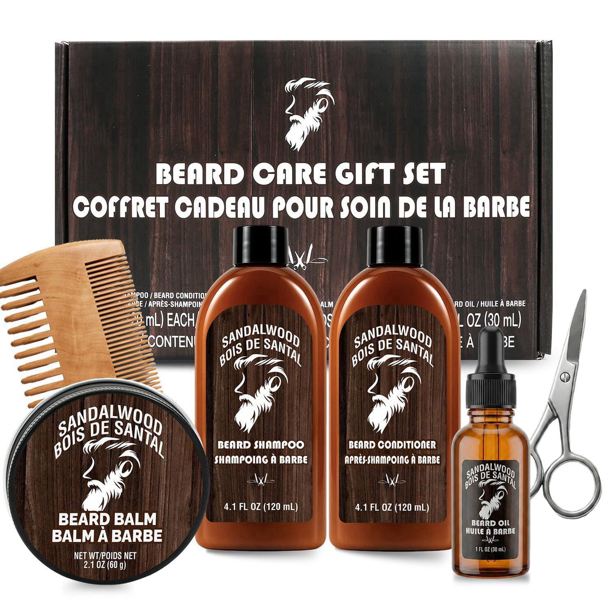 Rinse & Robust Beard Care Kit for Men, 6 PCS Sandalwood Scent Boyfriend Birthday Gifts for Him, Beard Shampoo, Condition