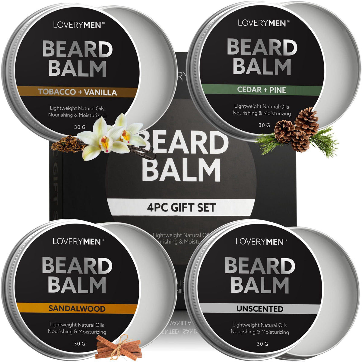 LOVERY Beard Balm for Men, Gift Set in Unscented, Sandalwood, Tobacco Vanilla, Cedar Pine Fragrances, All-Natural Wax, C