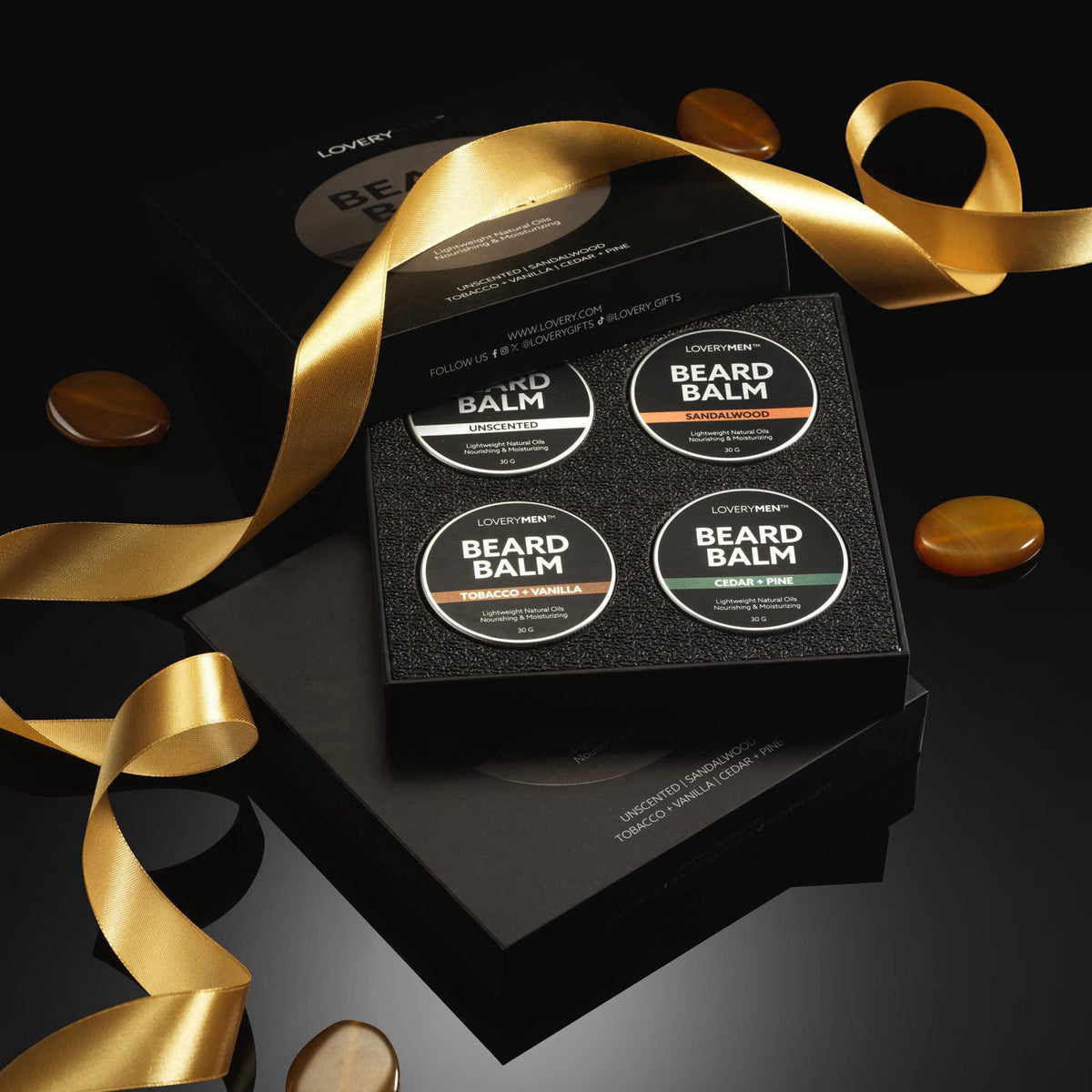 LOVERY Beard Balm for Men, Gift Set in Unscented, Sandalwood, Tobacco Vanilla, Cedar Pine Fragrances, All-Natural Wax, C