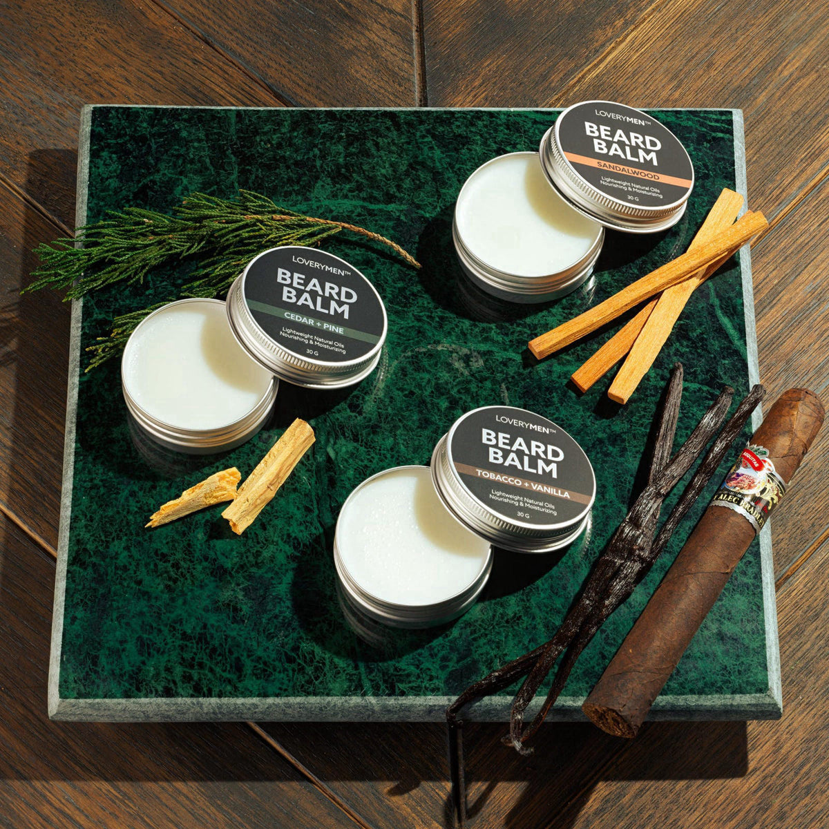 LOVERY Beard Balm for Men, Gift Set in Unscented, Sandalwood, Tobacco Vanilla, Cedar Pine Fragrances, All-Natural Wax, C