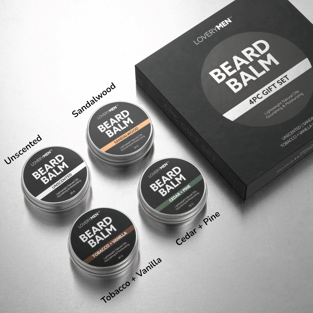 LOVERY Beard Balm for Men, Gift Set in Unscented, Sandalwood, Tobacco Vanilla, Cedar Pine Fragrances, All-Natural Wax, C