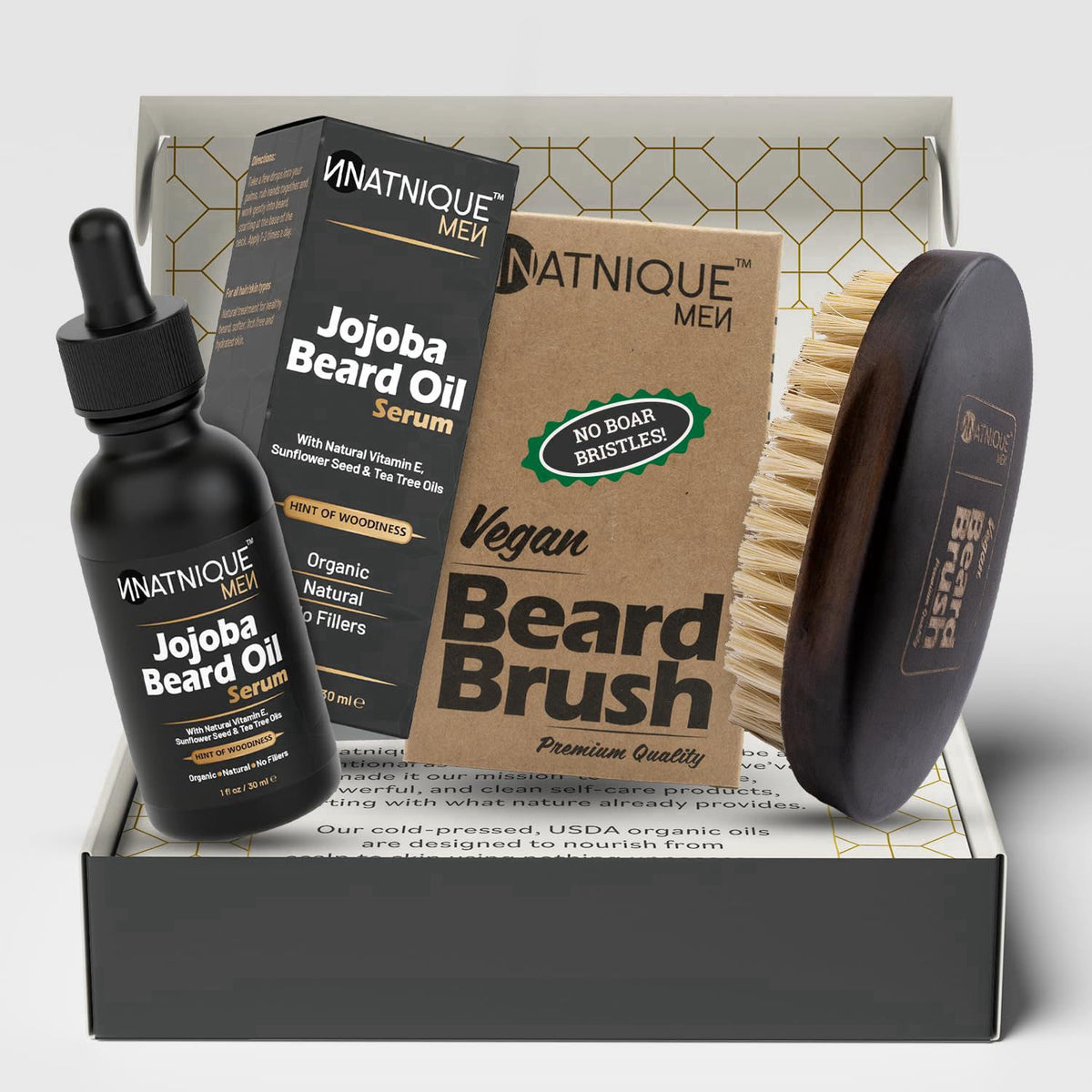 Natnique Beard Care Gift Set – Organic Jojoba Beard Conditioner with Vitamin E & Tea Tree + Vegan Beard Brush – Natural 