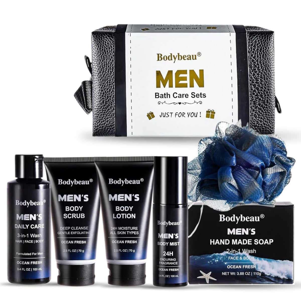 Bodybeau Men’s Bath and Body Gift Set, 7-Piece Ocean Fresh Spa Kit with 3-in-1 Wash, Body Scrub, Body Lotion, Body Mist,