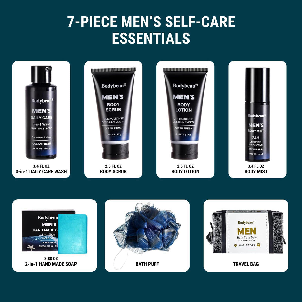 Bodybeau Men’s Bath and Body Gift Set, 7-Piece Ocean Fresh Spa Kit with 3-in-1 Wash, Body Scrub, Body Lotion, Body Mist,