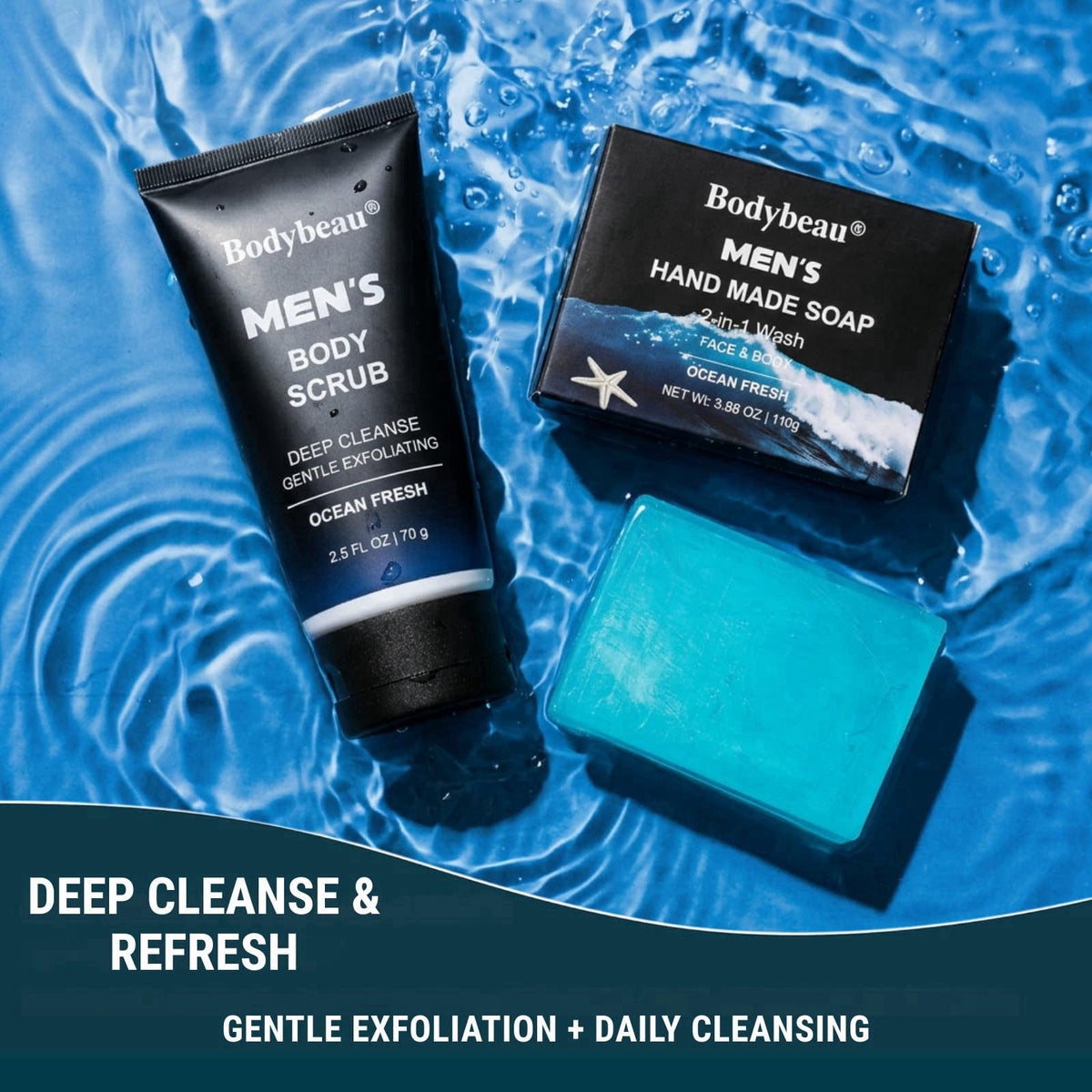 Bodybeau Men’s Bath and Body Gift Set, 7-Piece Ocean Fresh Spa Kit with 3-in-1 Wash, Body Scrub, Body Lotion, Body Mist,