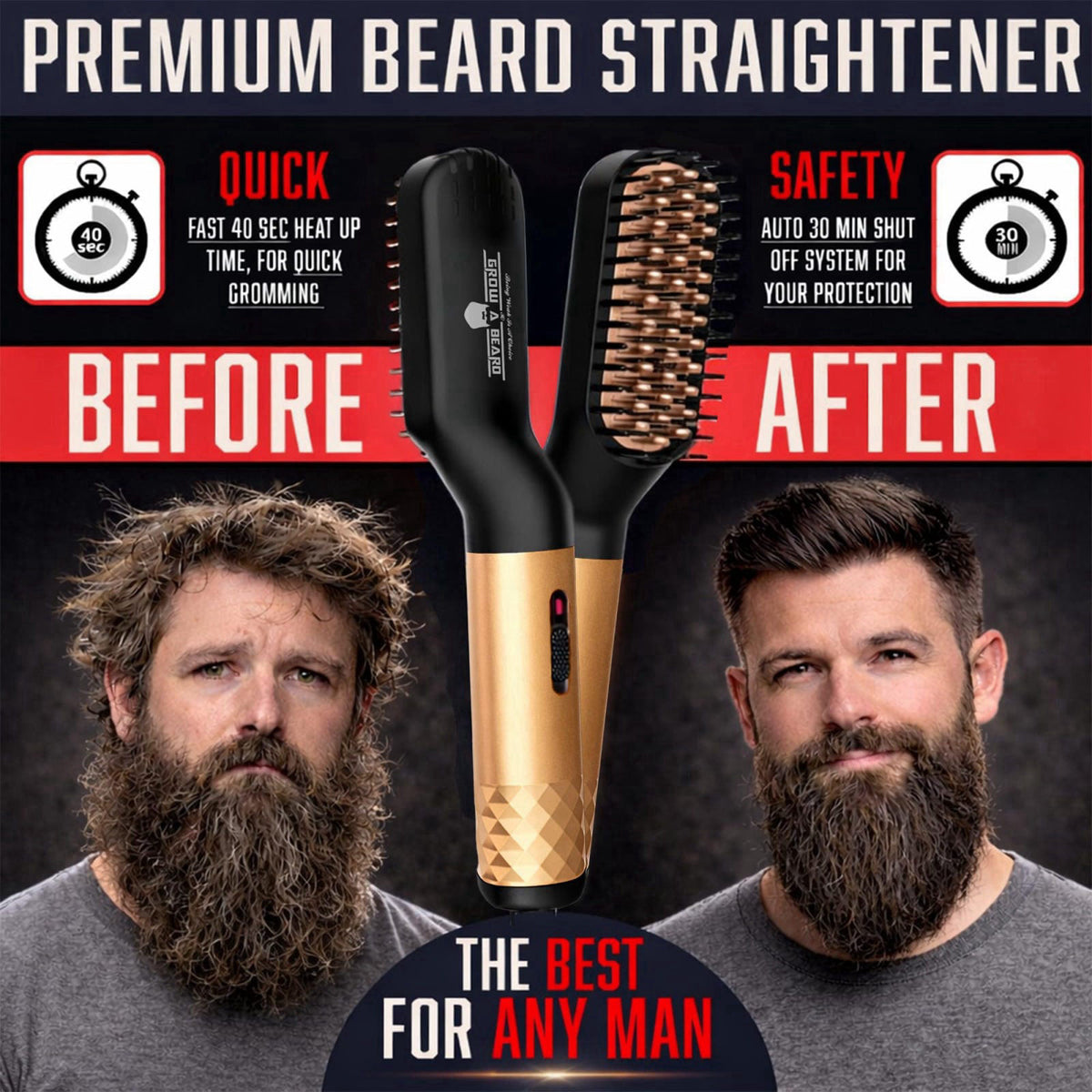 GROW ALPHA BEARD Beard Straightener Grooming Kit for Men, Beard Growth Kit, Wash, Brush & Comb, Unscented Growth Oil, Al
