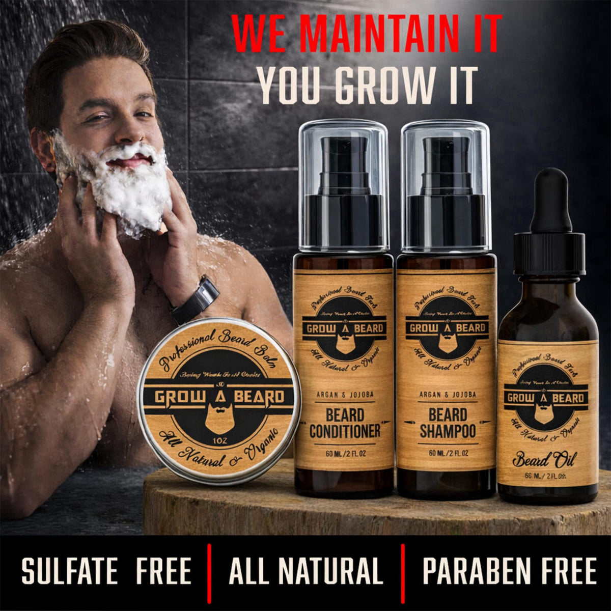 GROW ALPHA BEARD Beard Straightener Grooming Kit for Men, Beard Growth Kit, Wash, Brush & Comb, Unscented Growth Oil, Al