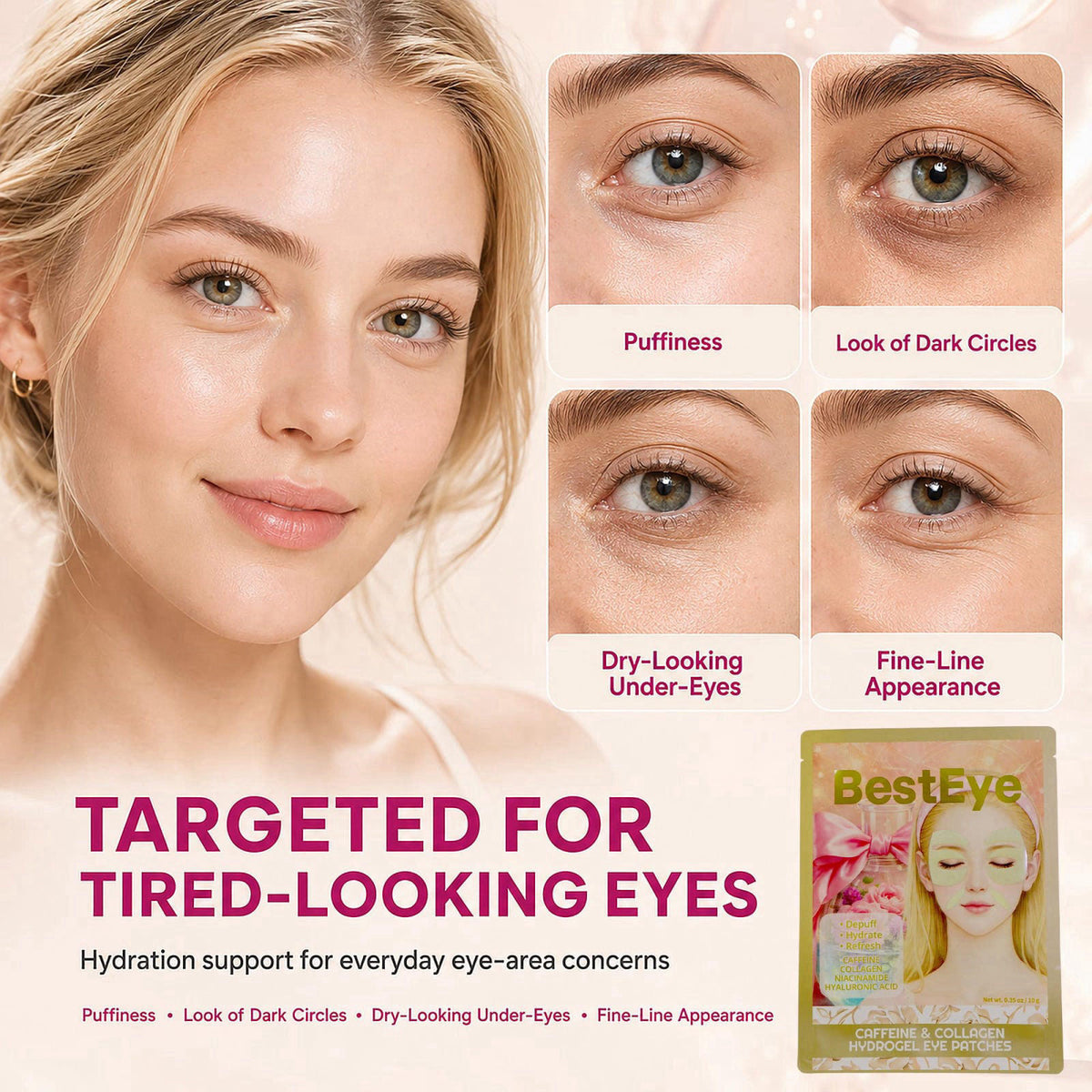 Besteye Collagen Under Eye Patches for Puffy Eyes and Dark Circles,Eye Mask – full view, size 1 Count (Pack of 5)