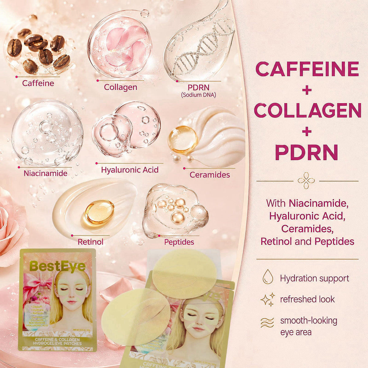 Besteye Collagen Under Eye Patches for Puffy Eyes and Dark Circles,Eye Mask – back view and specifications