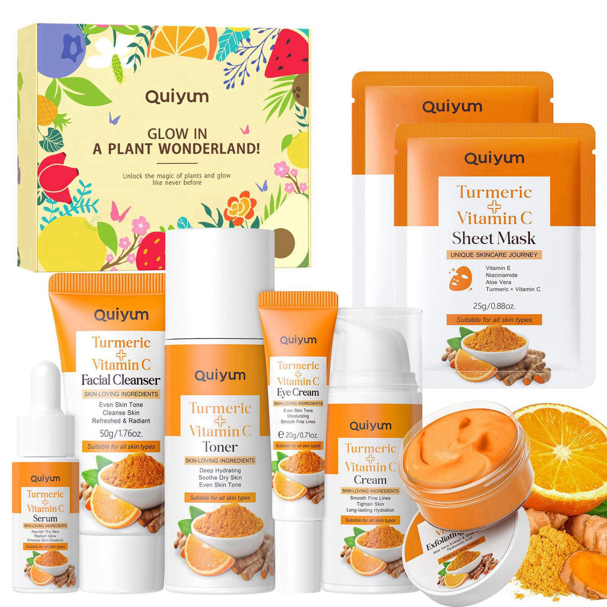 QUIYUM Turmeric Vit-C Skin Care Set, 7PCS Facial Skincare Routine for Women – product photo (Facial Kits)