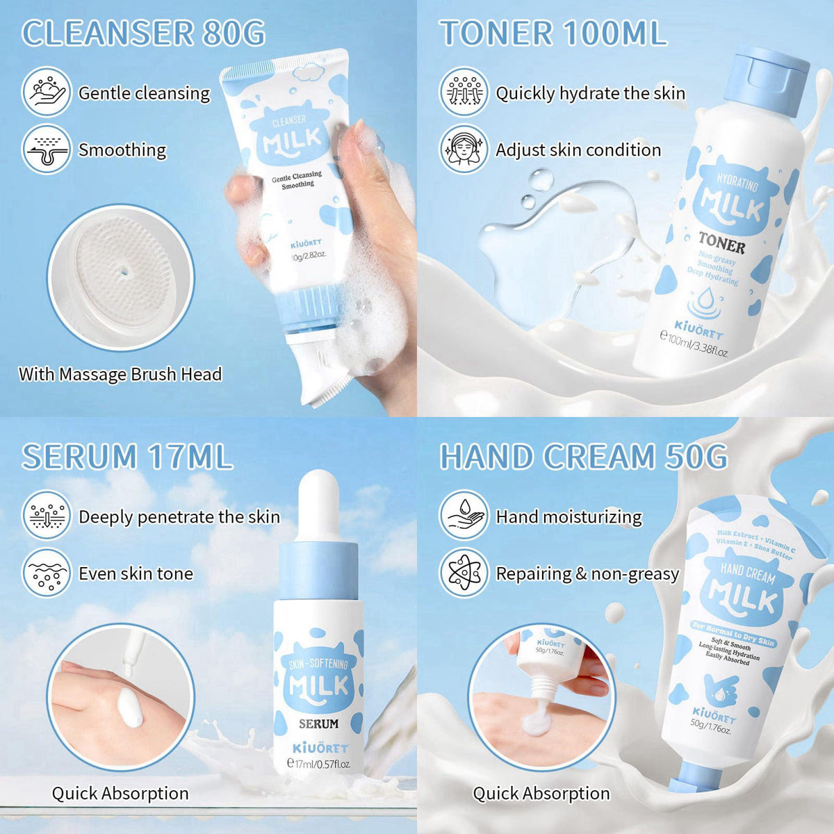 KIUORET Milk Skincare Set for Kids & Teens 12PCS - Milk Skin Care for Girls Ages 8-12, Milk Extract Skincare for Beginne